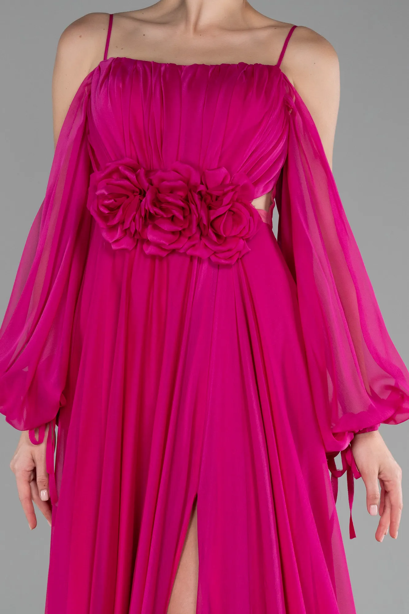 Fuchsia-Shoulder Decollete Long Sleeve Chiffon Prom Dress ABU4165