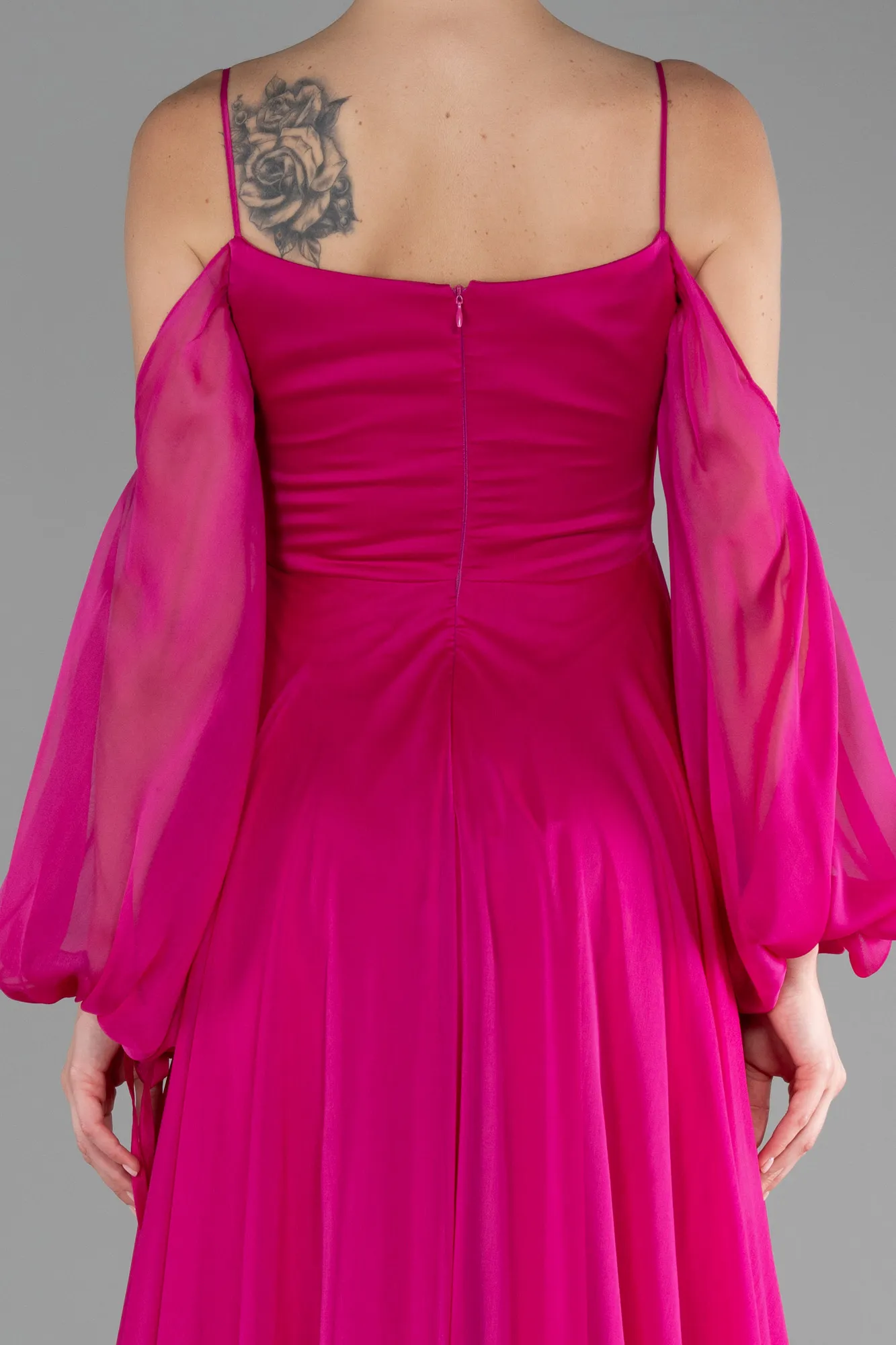 Fuchsia-Shoulder Decollete Long Sleeve Chiffon Prom Dress ABU4165