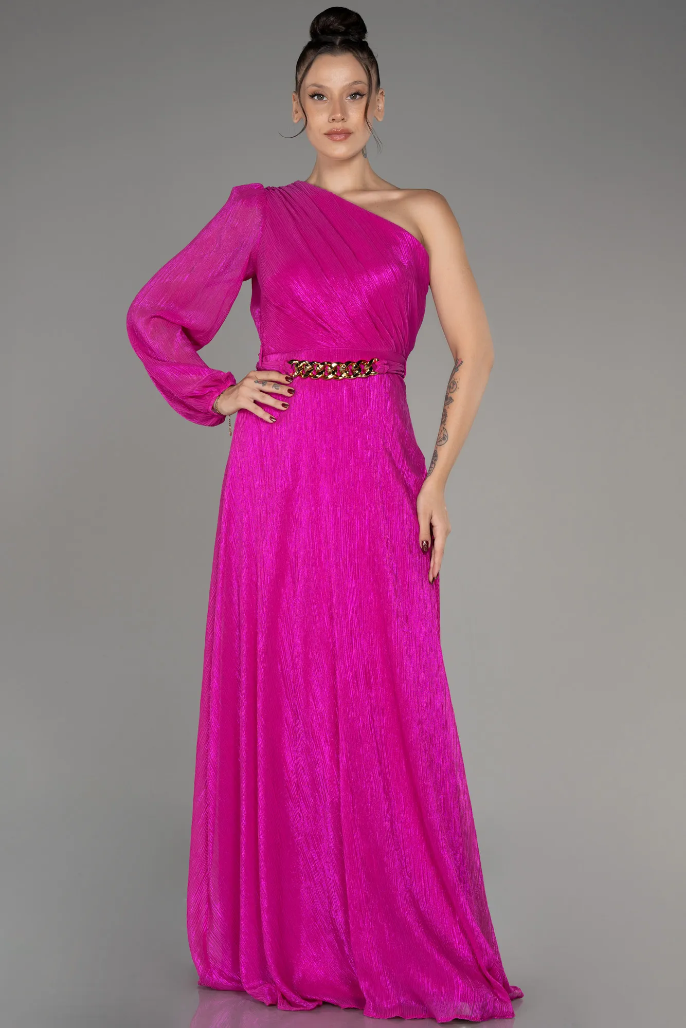 Fuchsia-Single Sleeve Long Evening Dress ABU4037