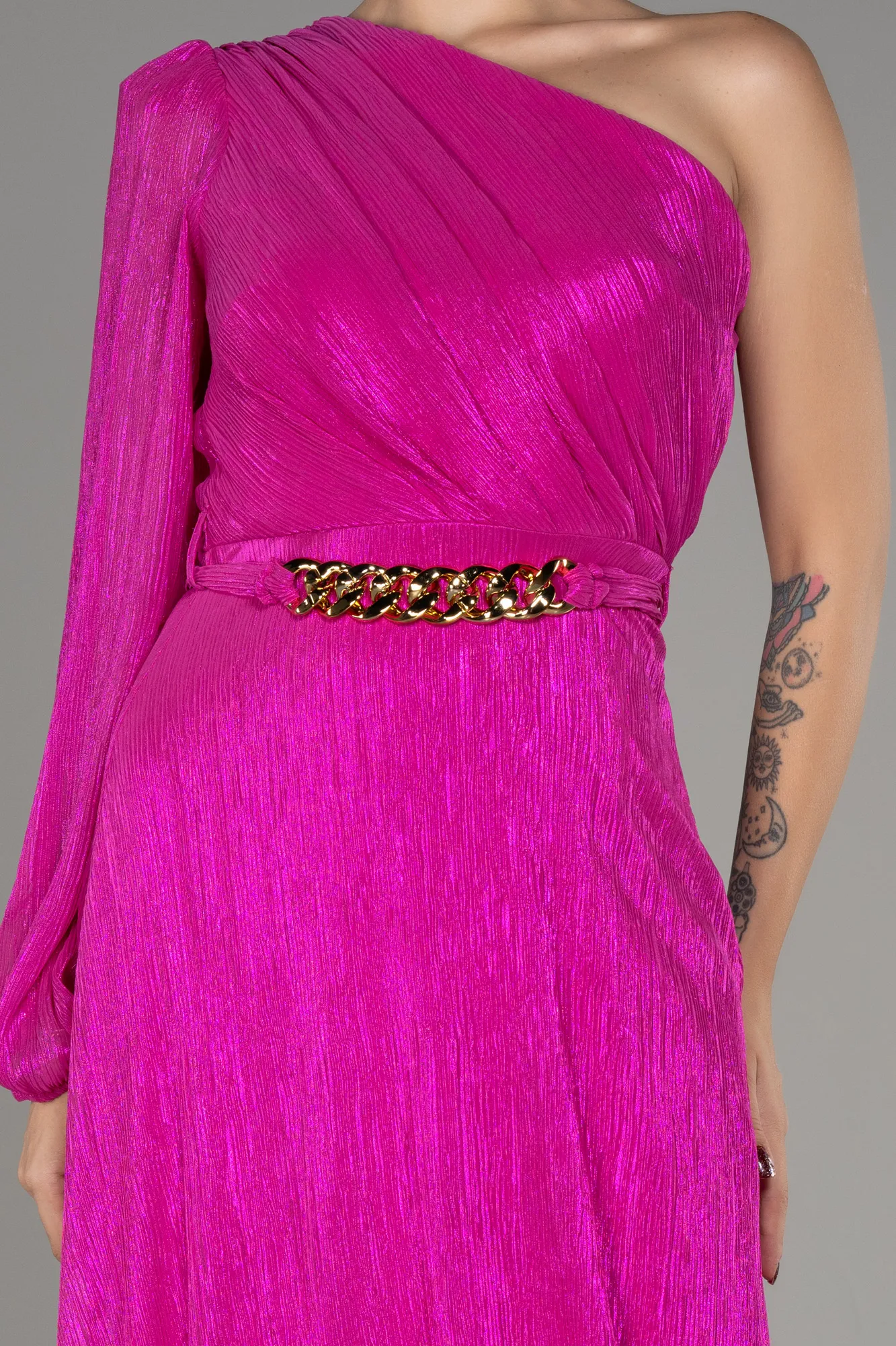 Fuchsia-Single Sleeve Long Evening Dress ABU4037