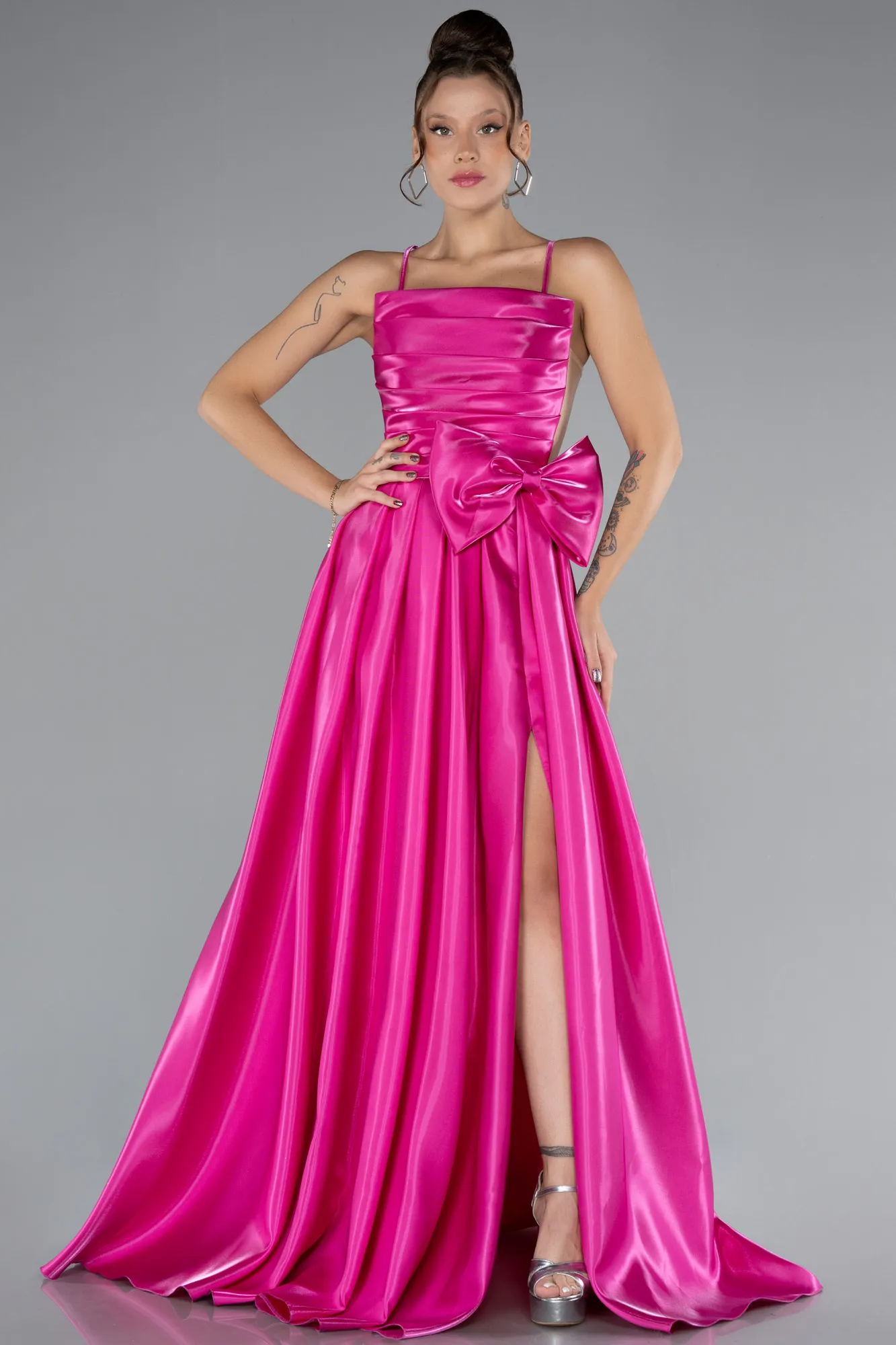 Fuchsia-Slit Long Satin Prom Dress ABU4298