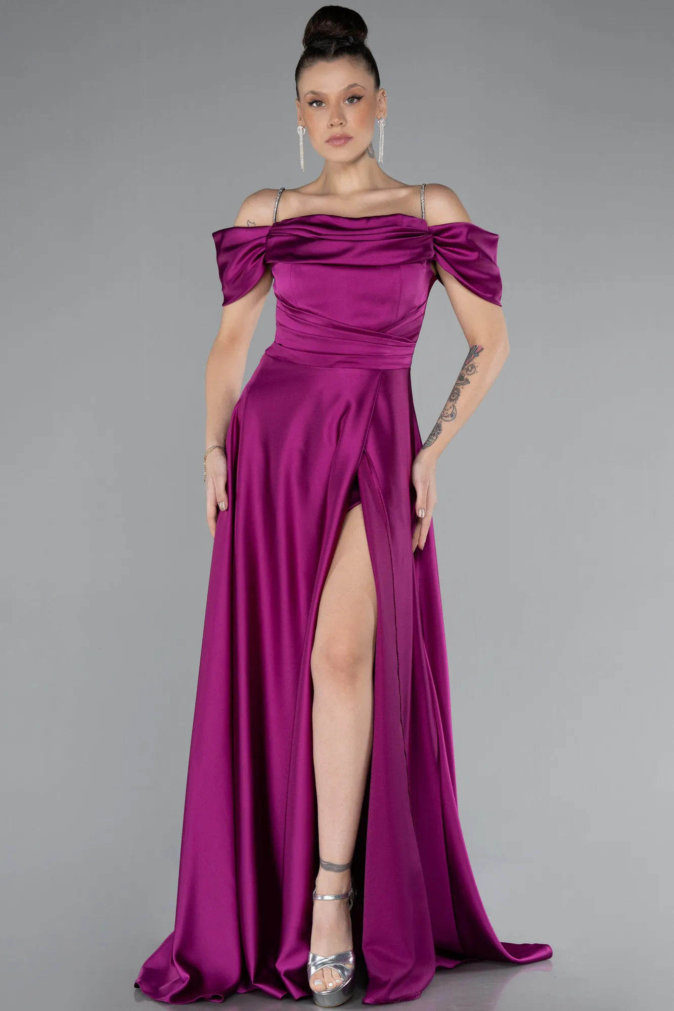 Fuchsia-Slit Long Satin Prom Gown ABU4531