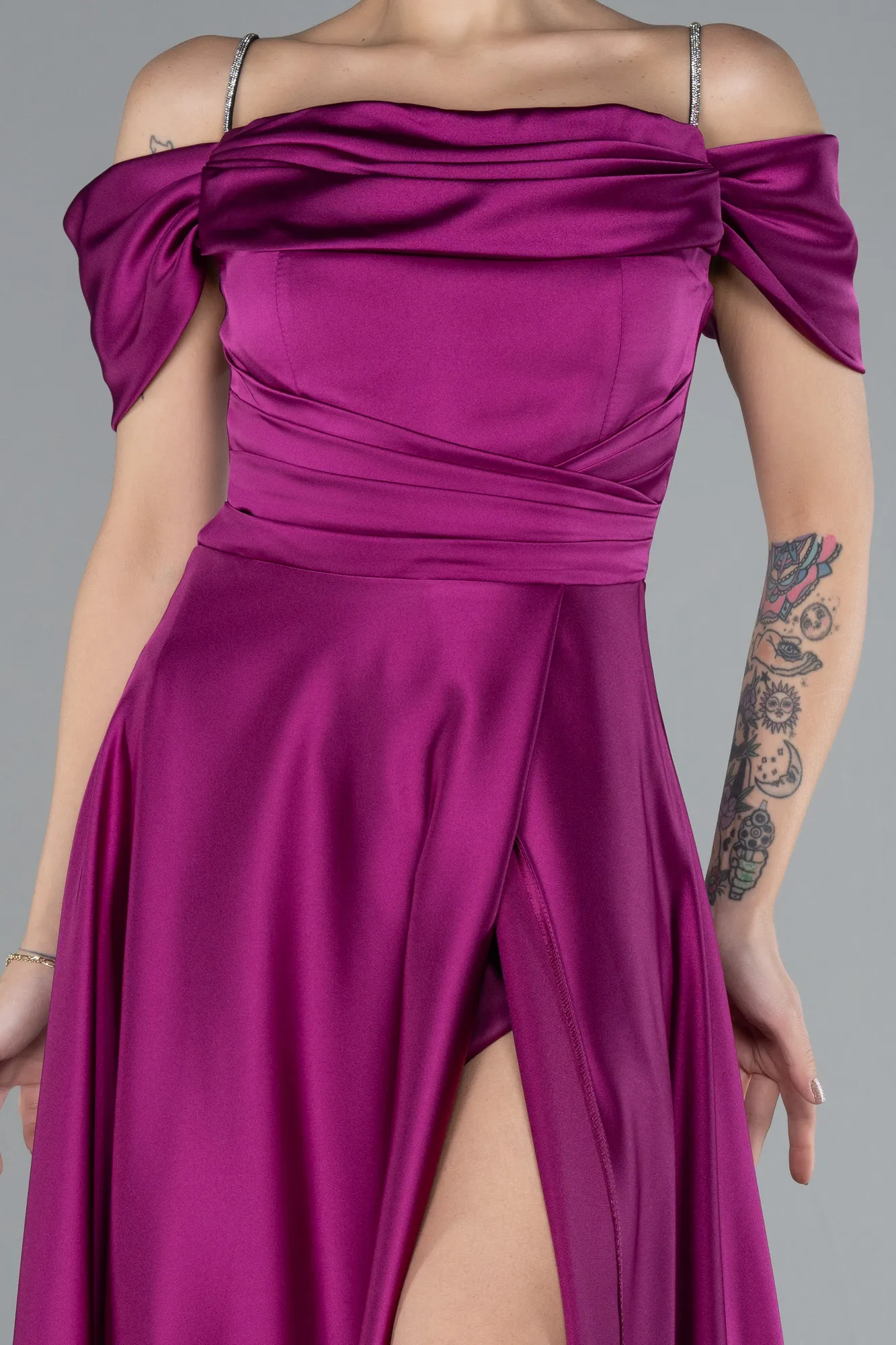 Fuchsia-Slit Long Satin Prom Gown ABU4531