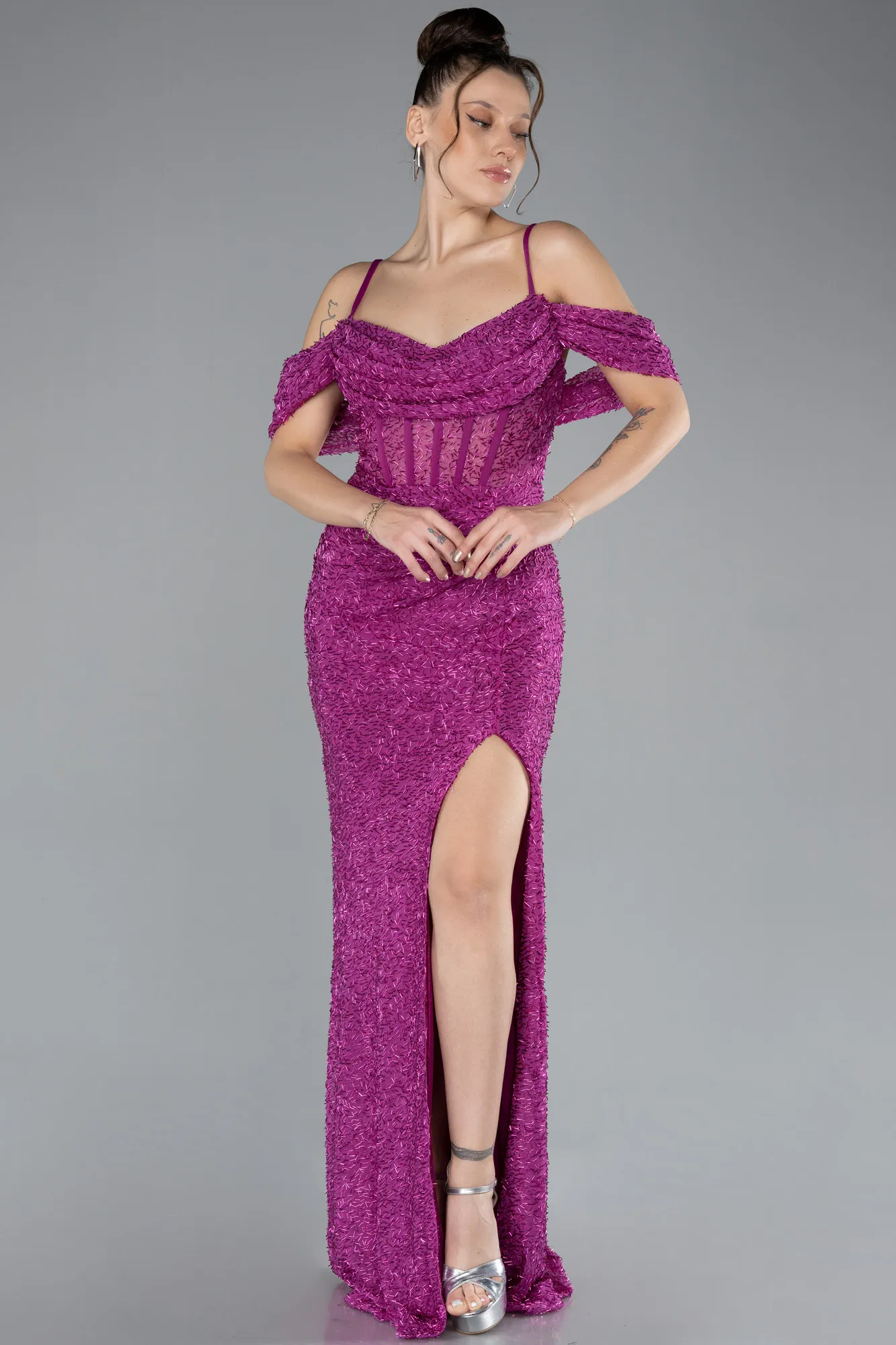 Fuchsia-Slit Long Stone Prom Gown ABU4394