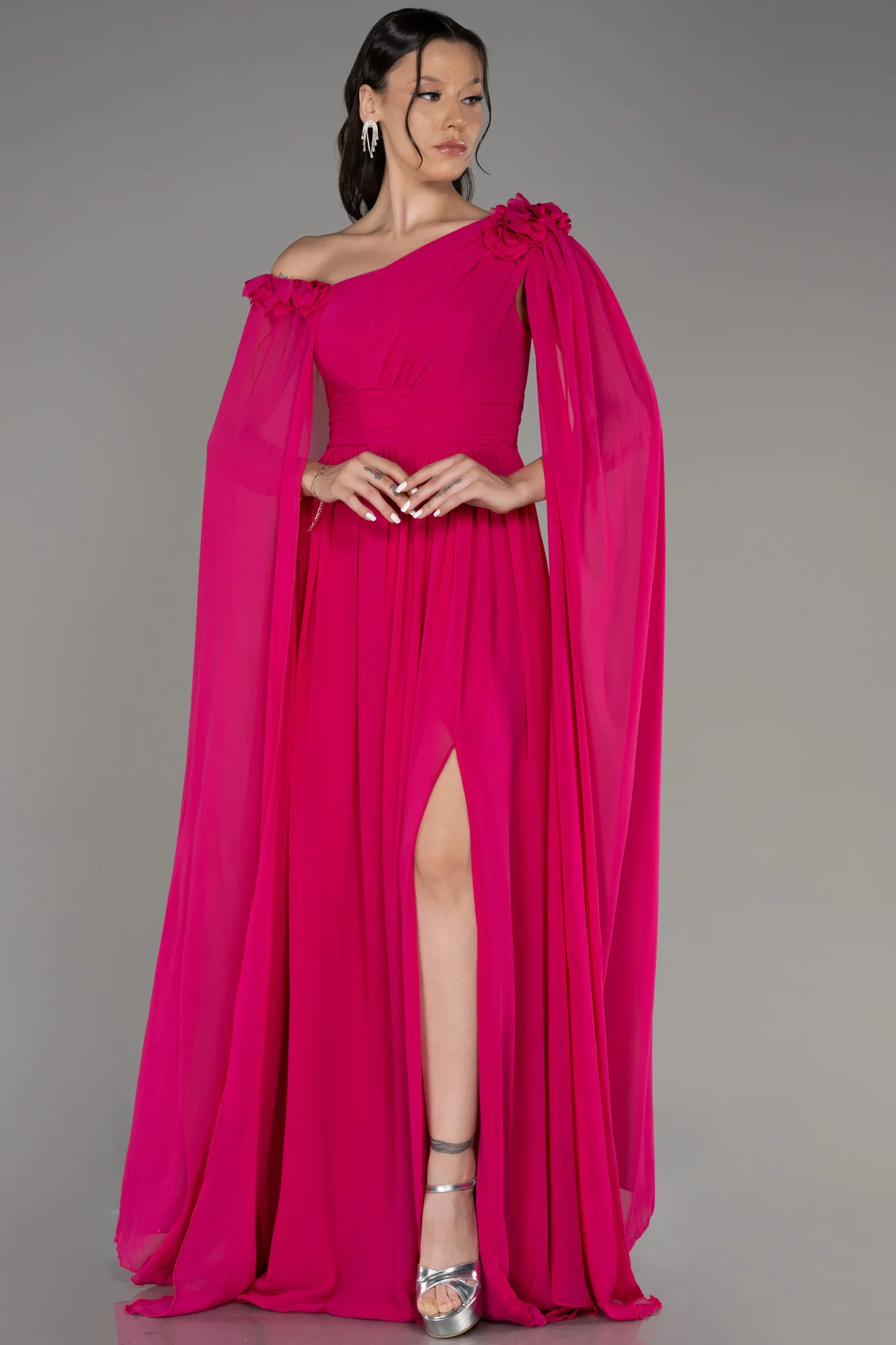 Fuchsia-Slit Shawl Long Chiffon Evening Dress ABU4001