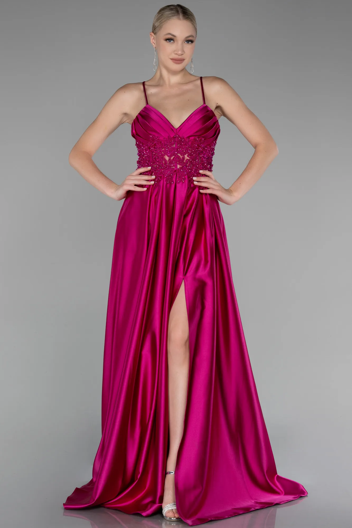 Fuchsia-Srappy Long Satin Prom Gown ABU4133