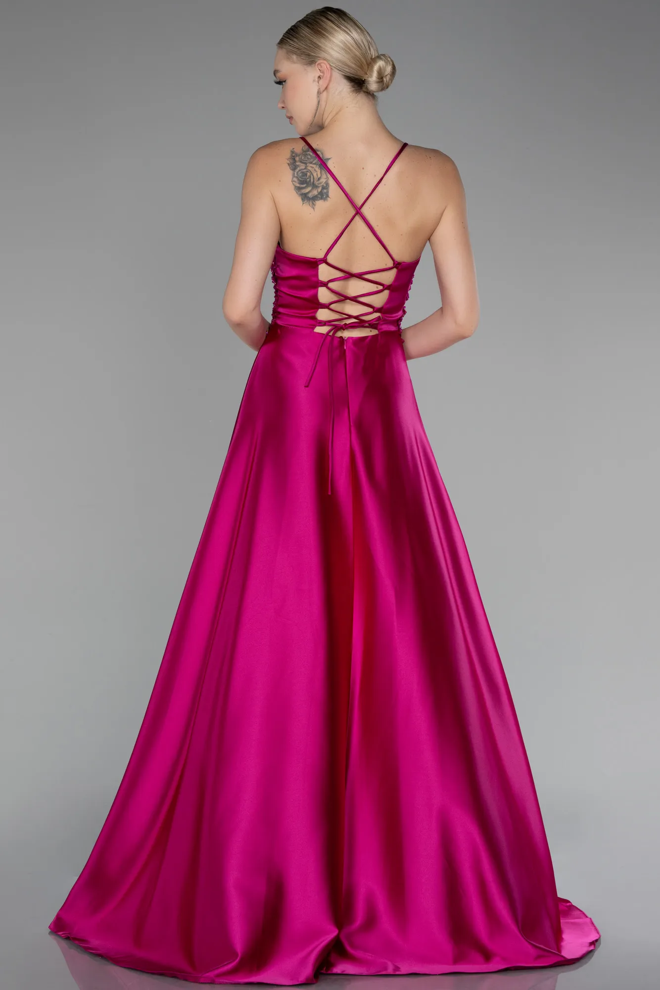 Fuchsia-Srappy Long Satin Prom Gown ABU4133