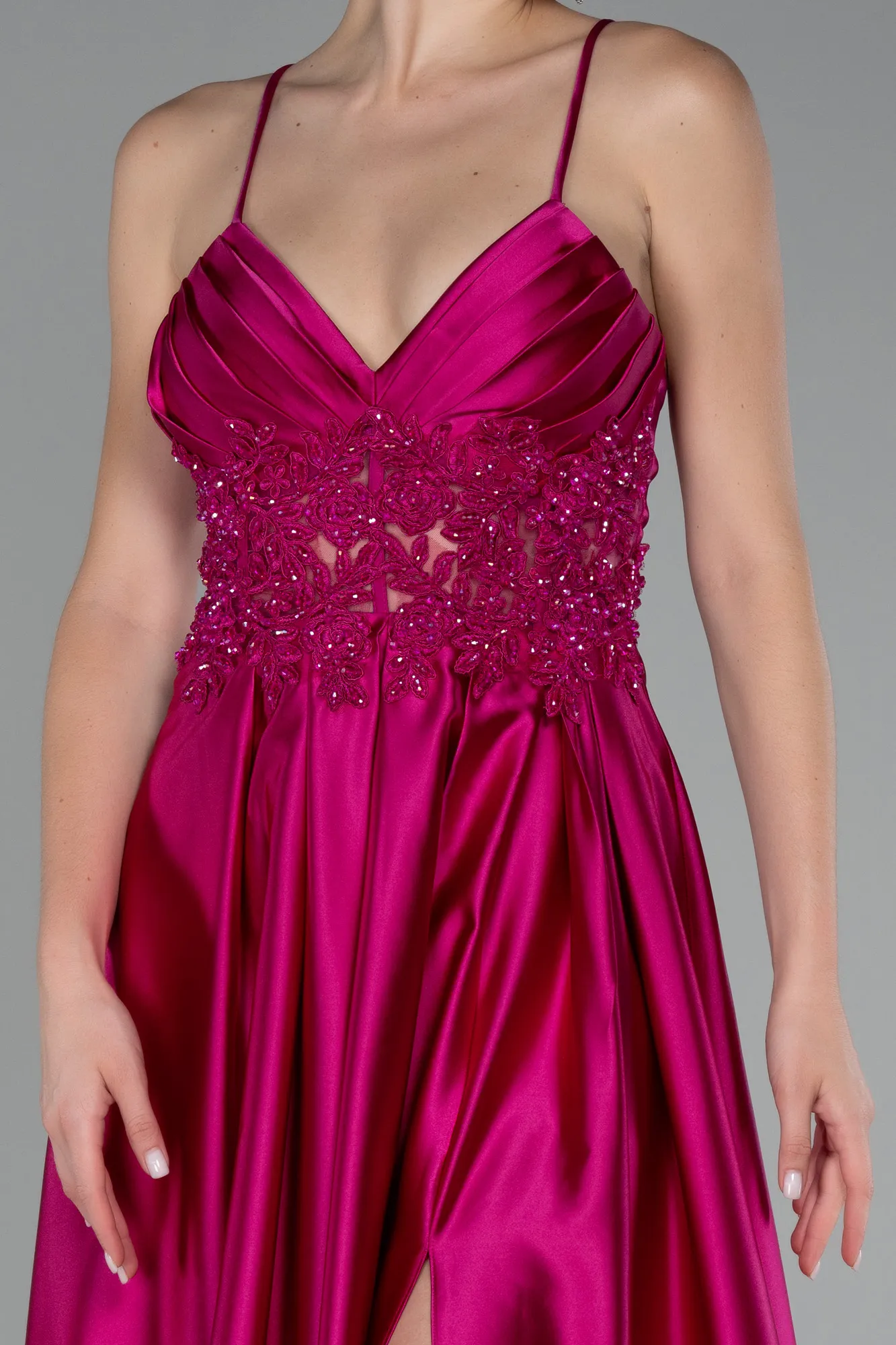 Fuchsia-Srappy Long Satin Prom Gown ABU4133