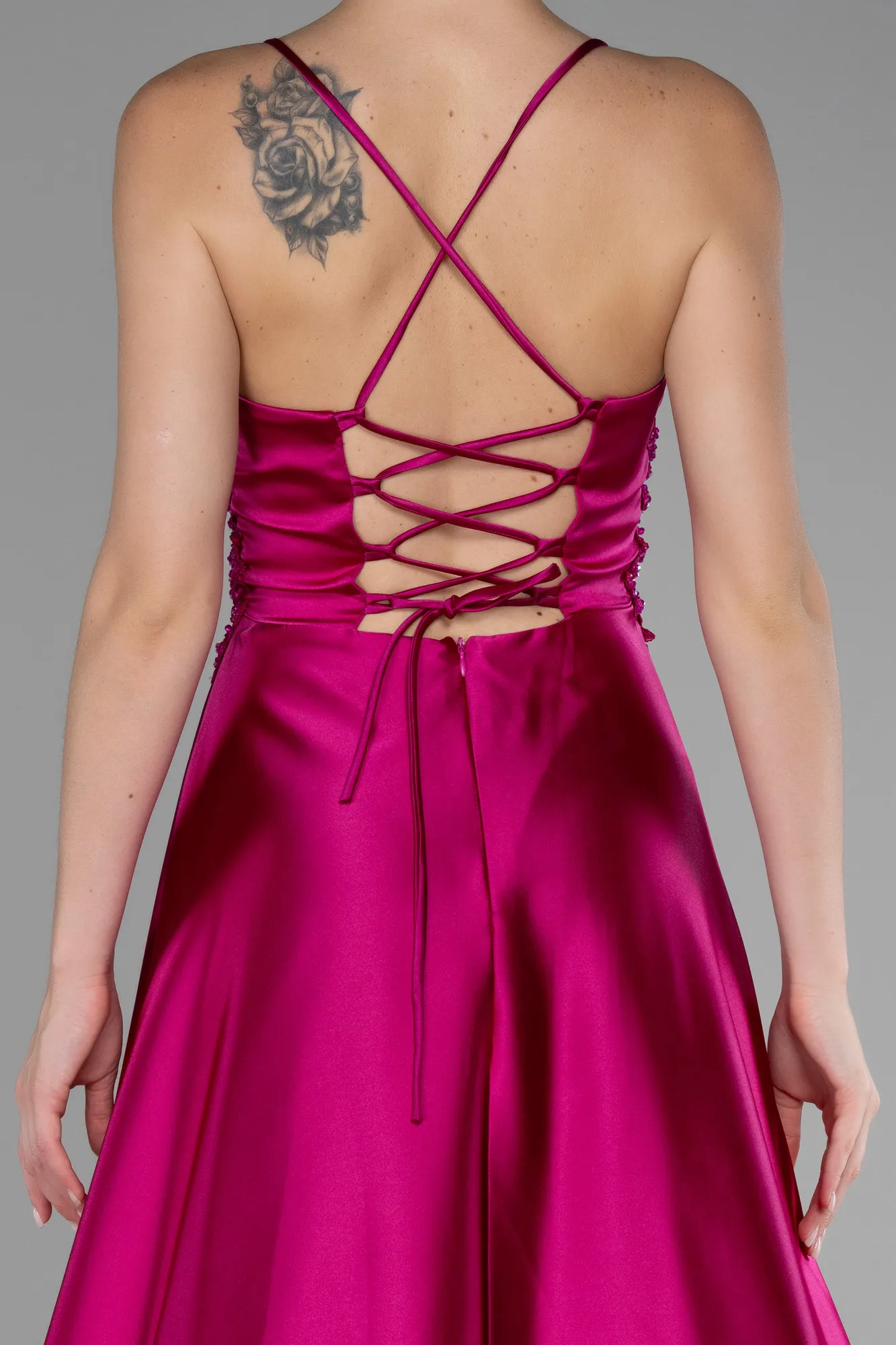 Fuchsia-Srappy Long Satin Prom Gown ABU4133