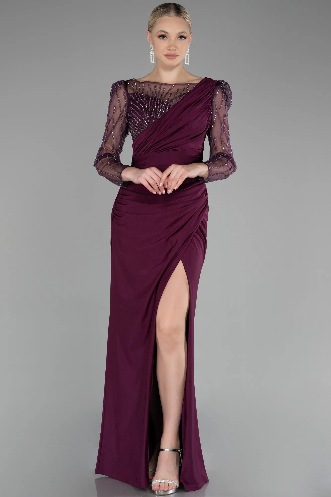 Fuchsia-Stoned Long Sleeve Slit Evening Gown ABU4117