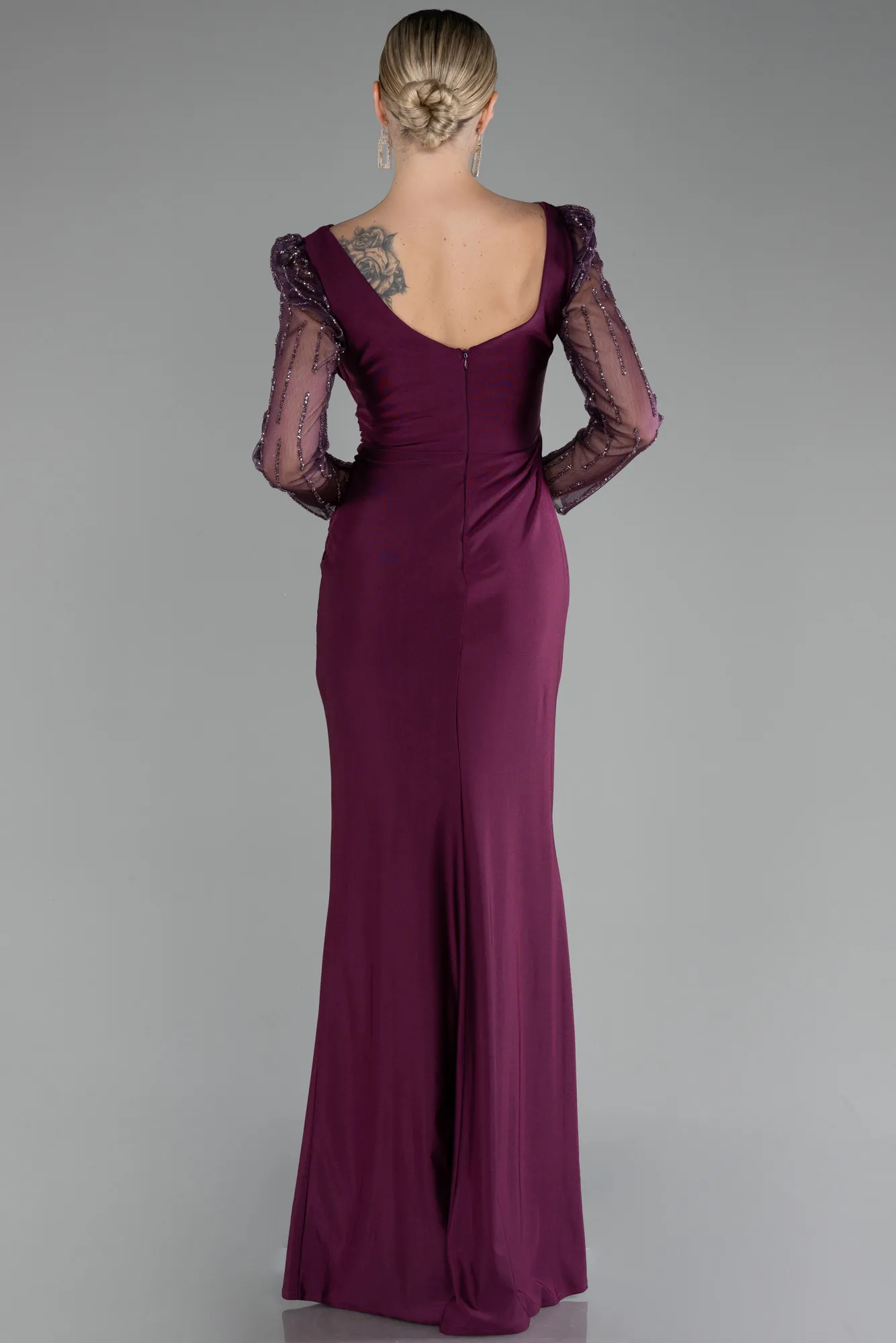 Fuchsia-Stoned Long Sleeve Slit Evening Gown ABU4117