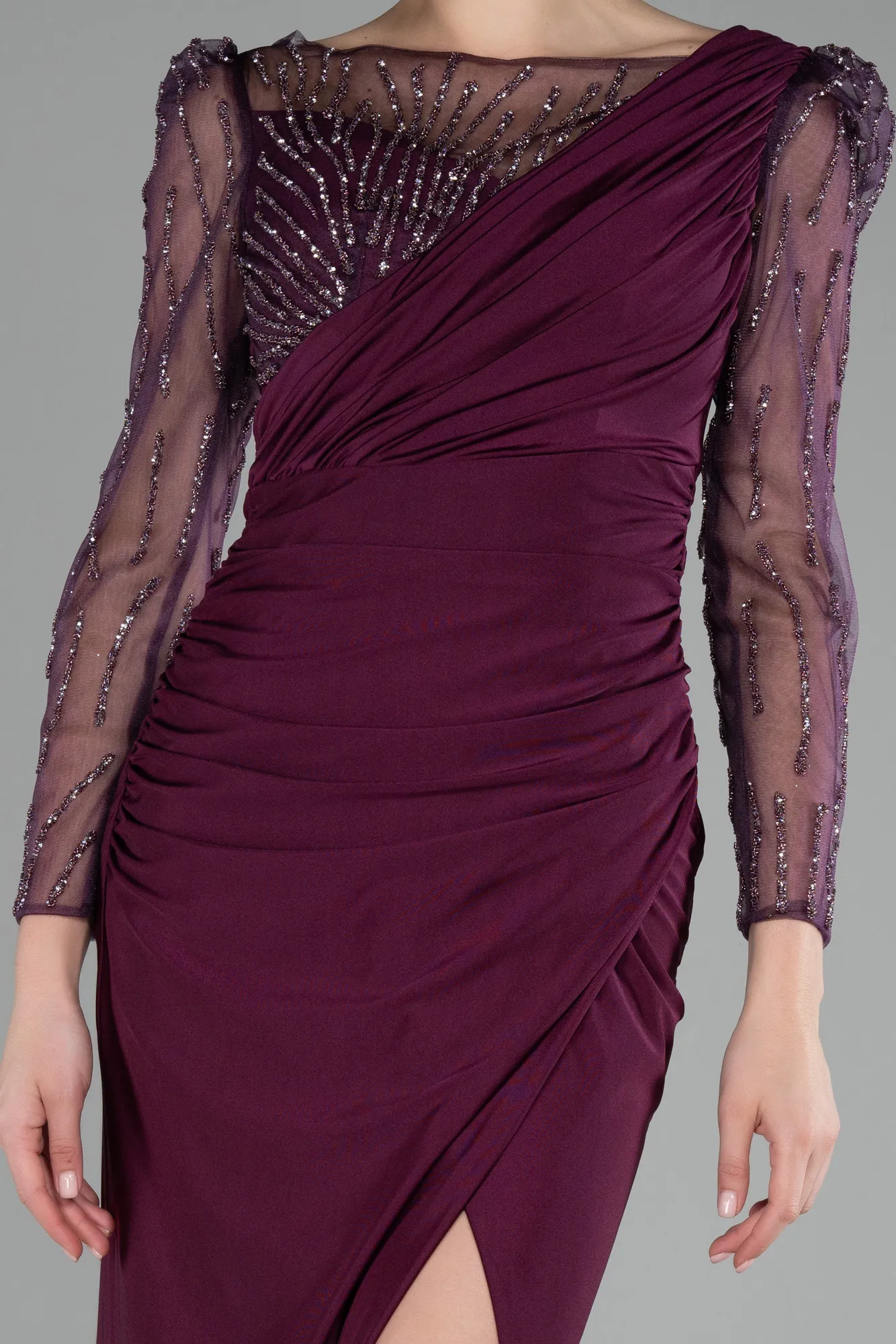 Fuchsia-Stoned Long Sleeve Slit Evening Gown ABU4117