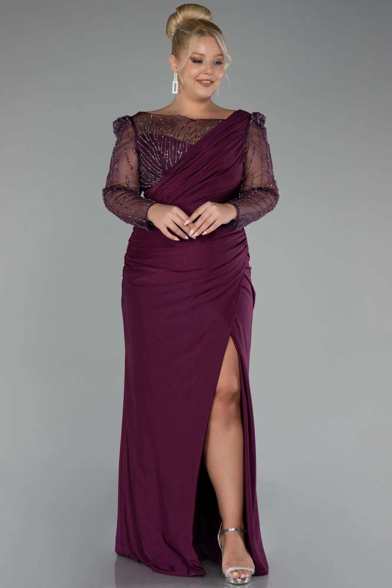 Fuchsia-Stoned Long Sleeve Slit Plus Size Evening Gown ABU4119