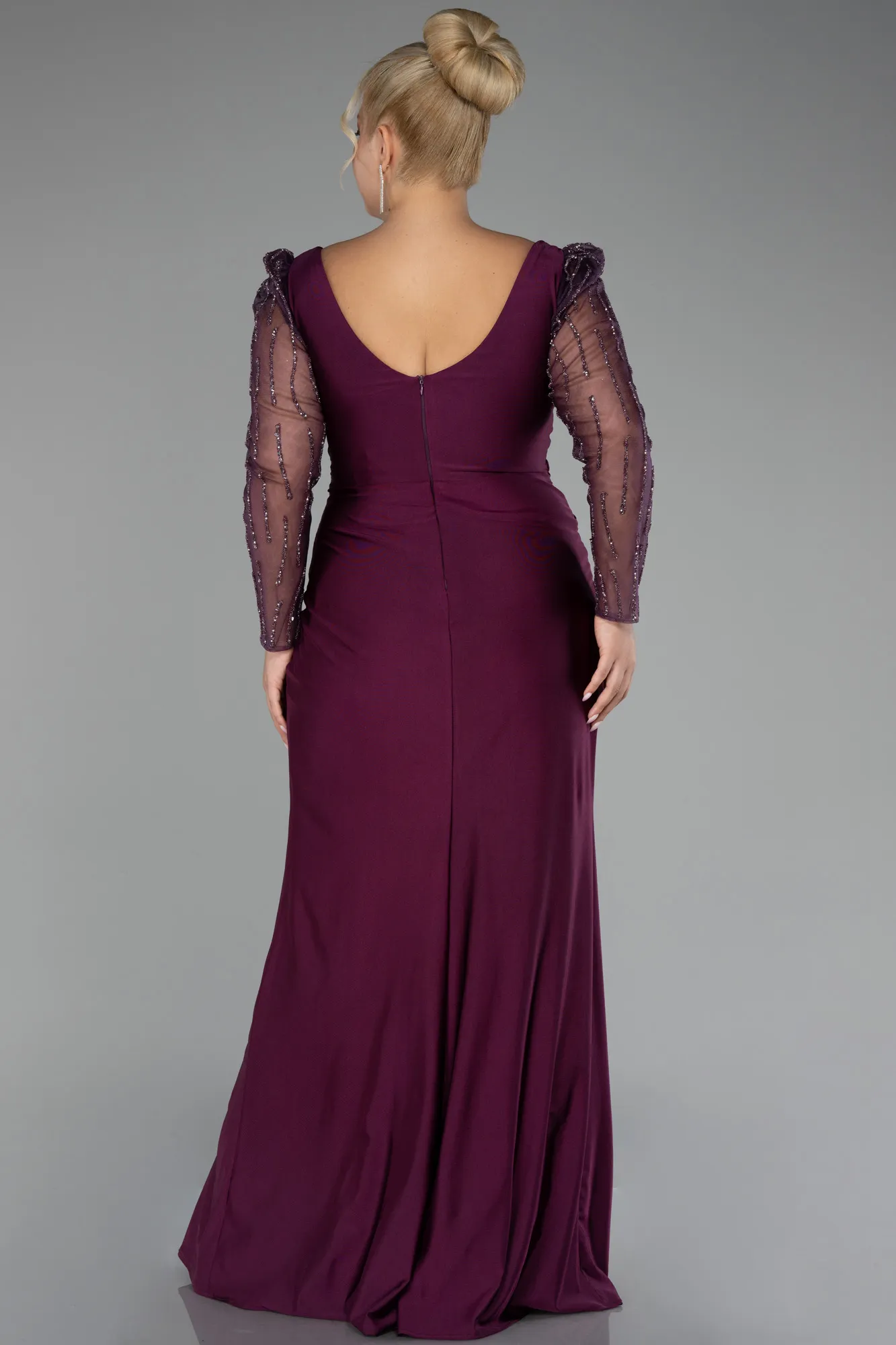 Fuchsia-Stoned Long Sleeve Slit Plus Size Evening Gown ABU4119