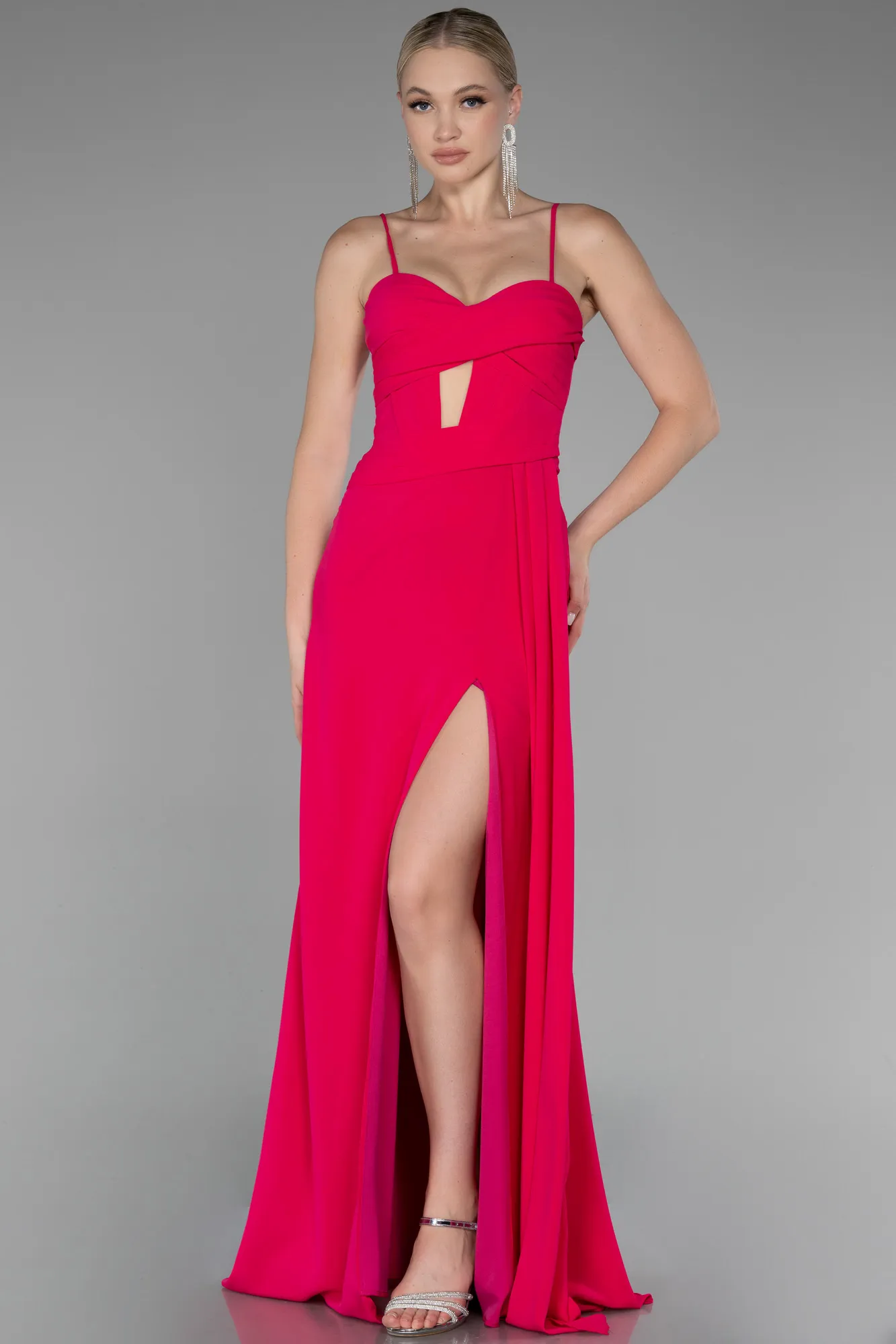 Fuchsia-Strap Slit Long Chiffon Evening Dress ABU4118