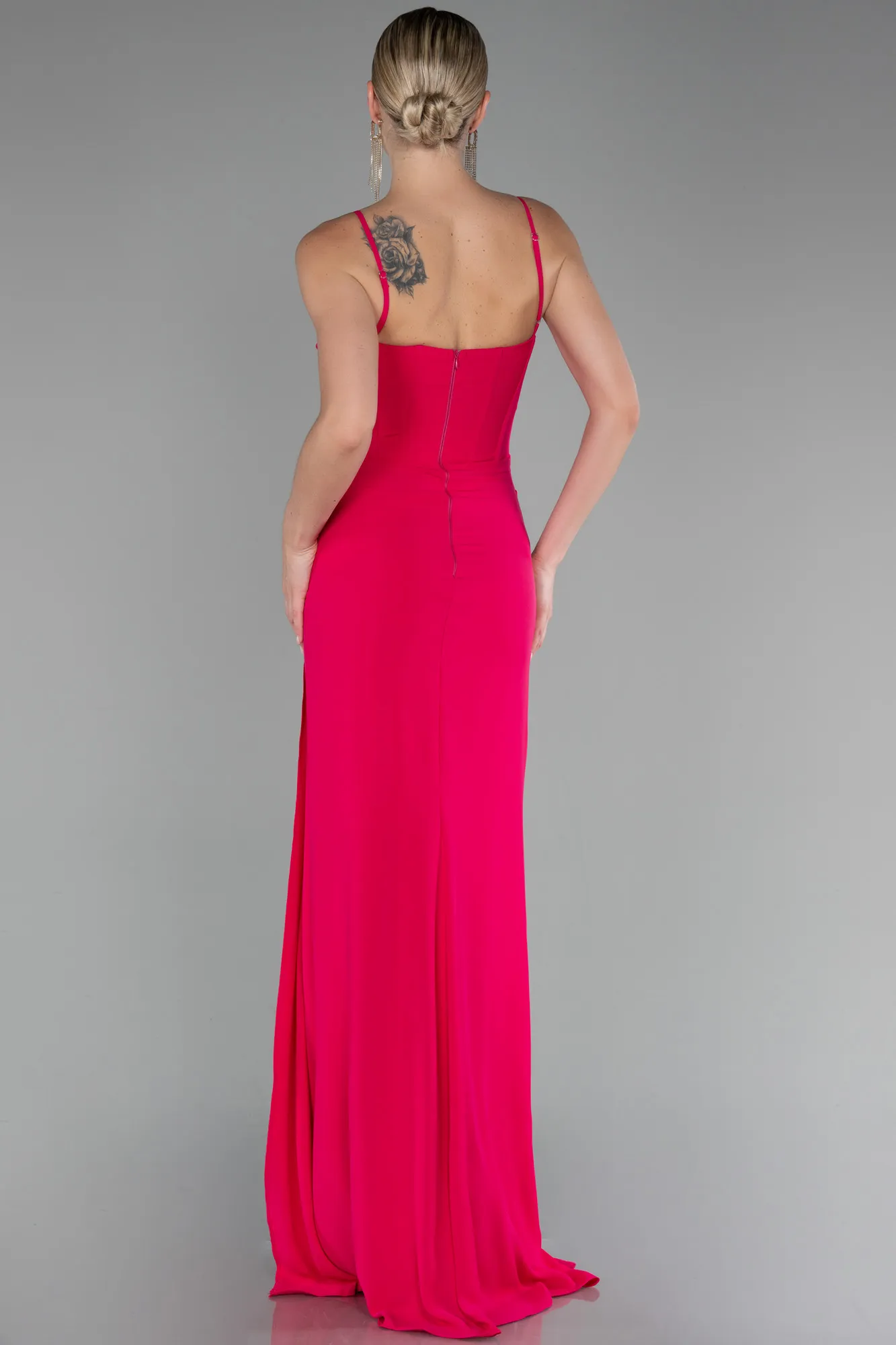 Fuchsia-Strap Slit Long Chiffon Evening Dress ABU4118