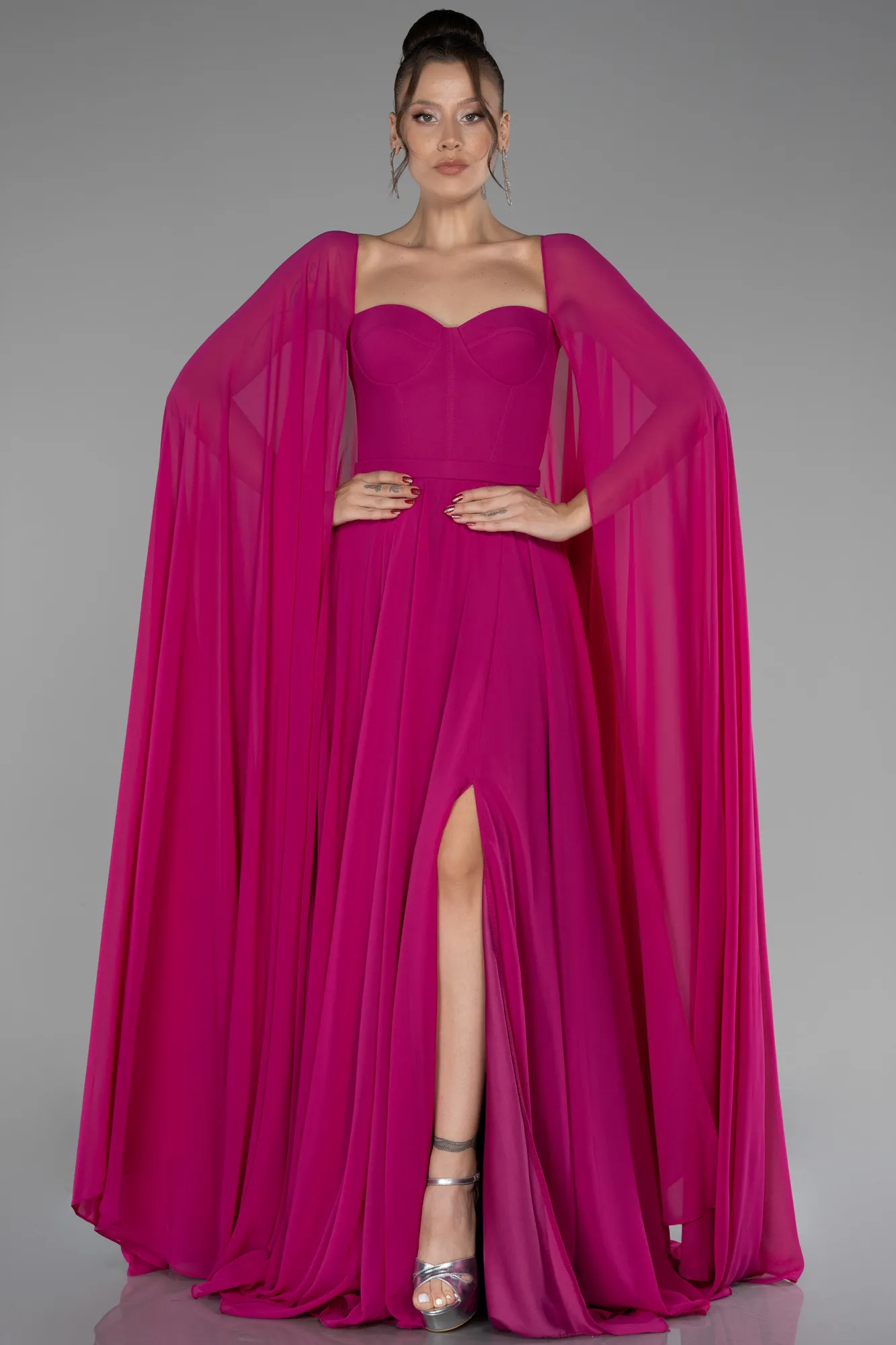 Fuchsia-Strapless Shawl Sleeve Long Chiffon Evening Dress ABU4158