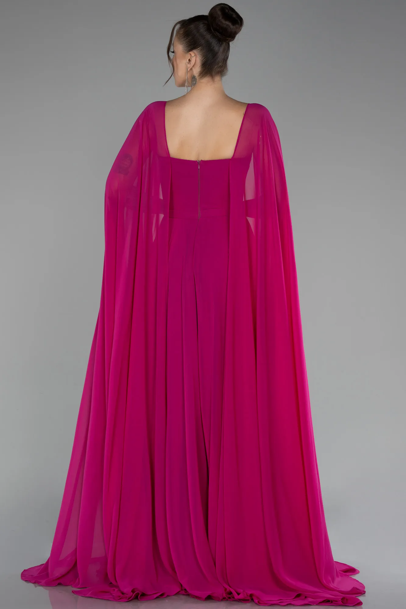 Fuchsia-Strapless Shawl Sleeve Long Chiffon Evening Dress ABU4158