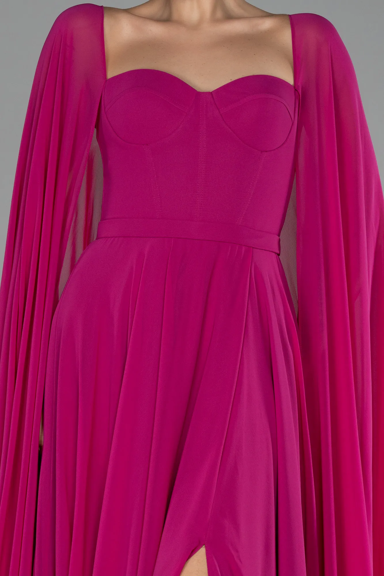 Fuchsia-Strapless Shawl Sleeve Long Chiffon Evening Dress ABU4158