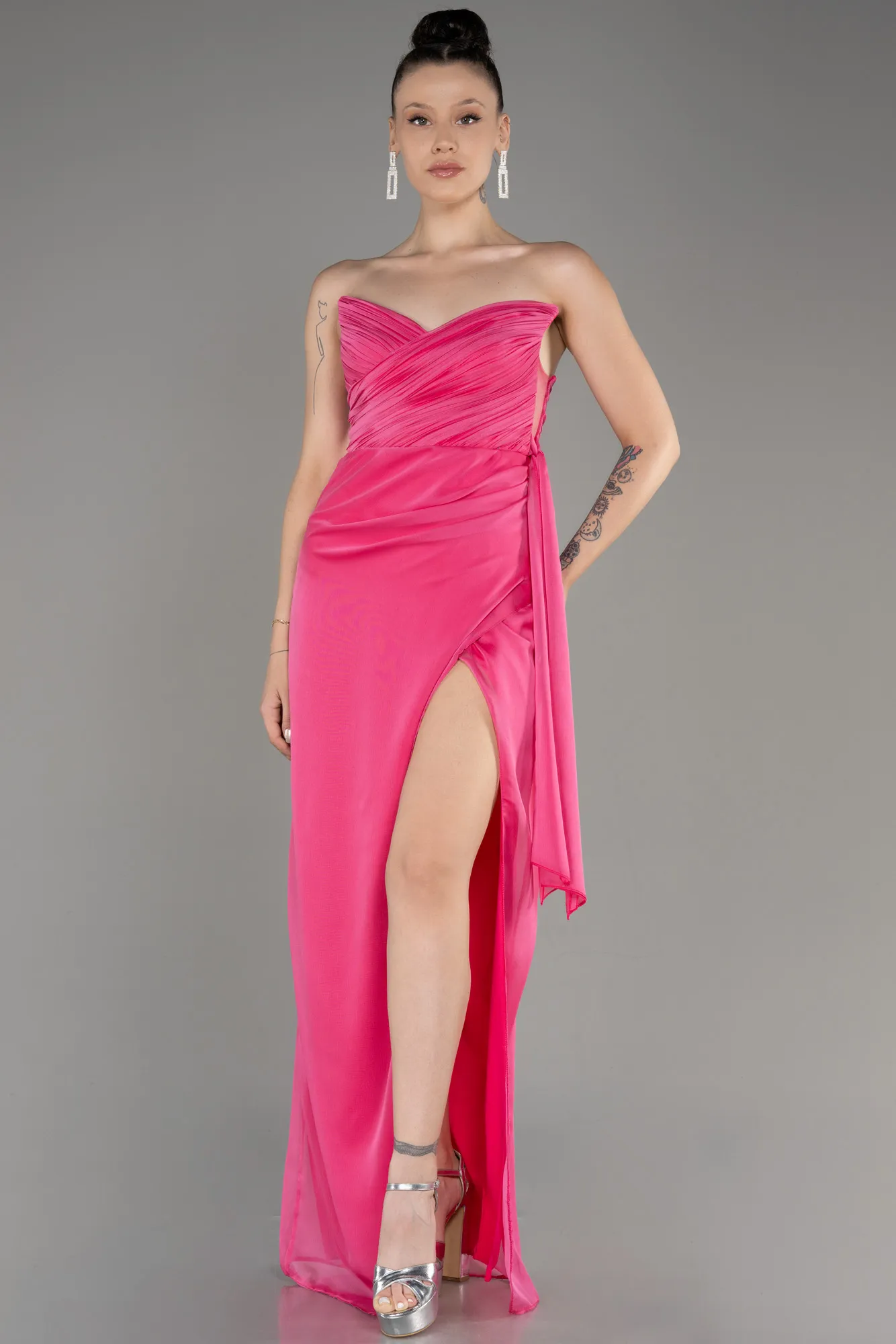 Fuchsia-Strapless Slit Long Chiffon Evening Dress ABU3947