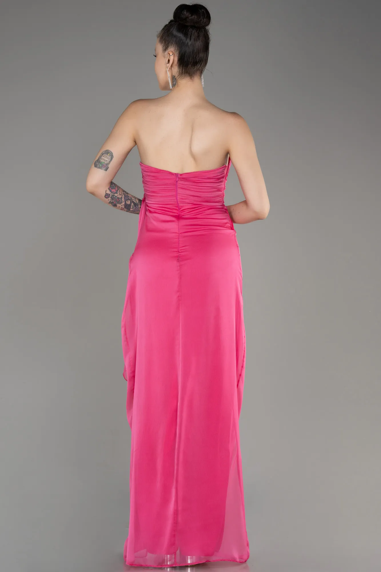 Fuchsia-Strapless Slit Long Chiffon Evening Dress ABU3947