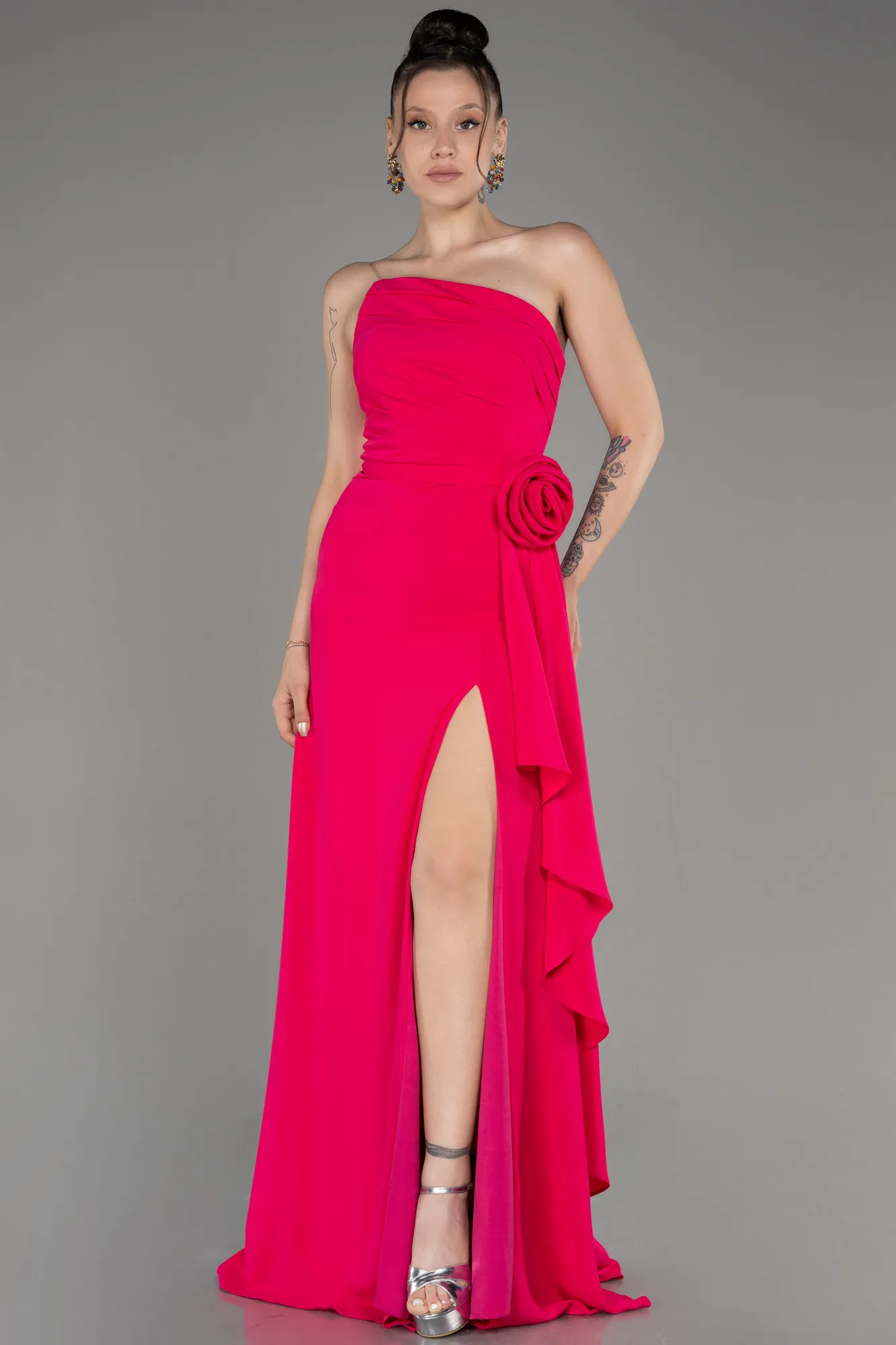 Fuchsia-Strapless Slit Long Chiffon Evening Dress ABU3974