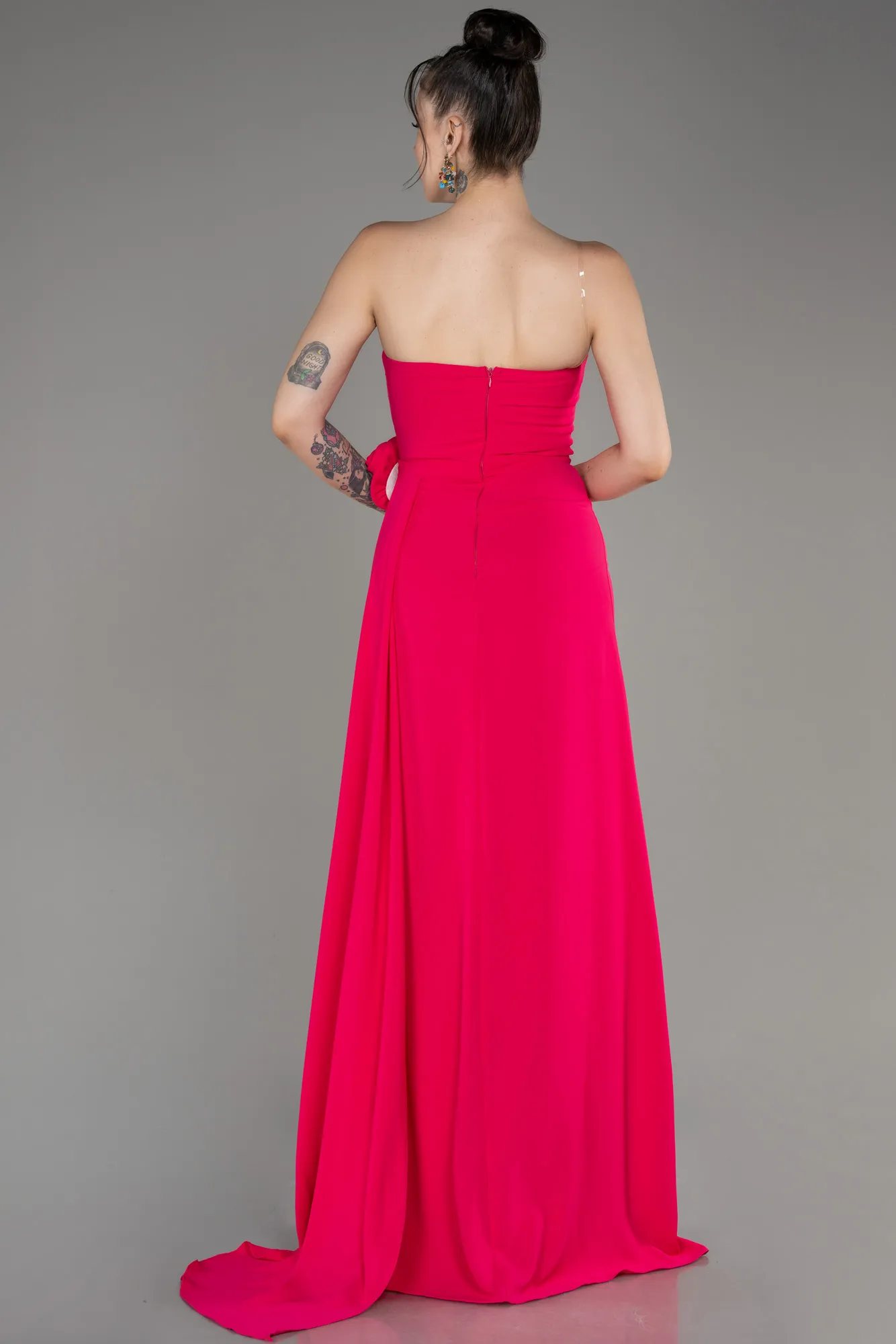 Fuchsia-Strapless Slit Long Chiffon Evening Dress ABU3974