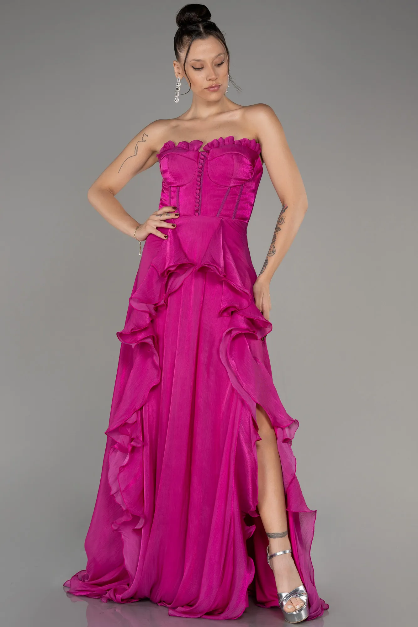 Fuchsia-Strapless Slit Long Chiffon Prom Dress ABU4012