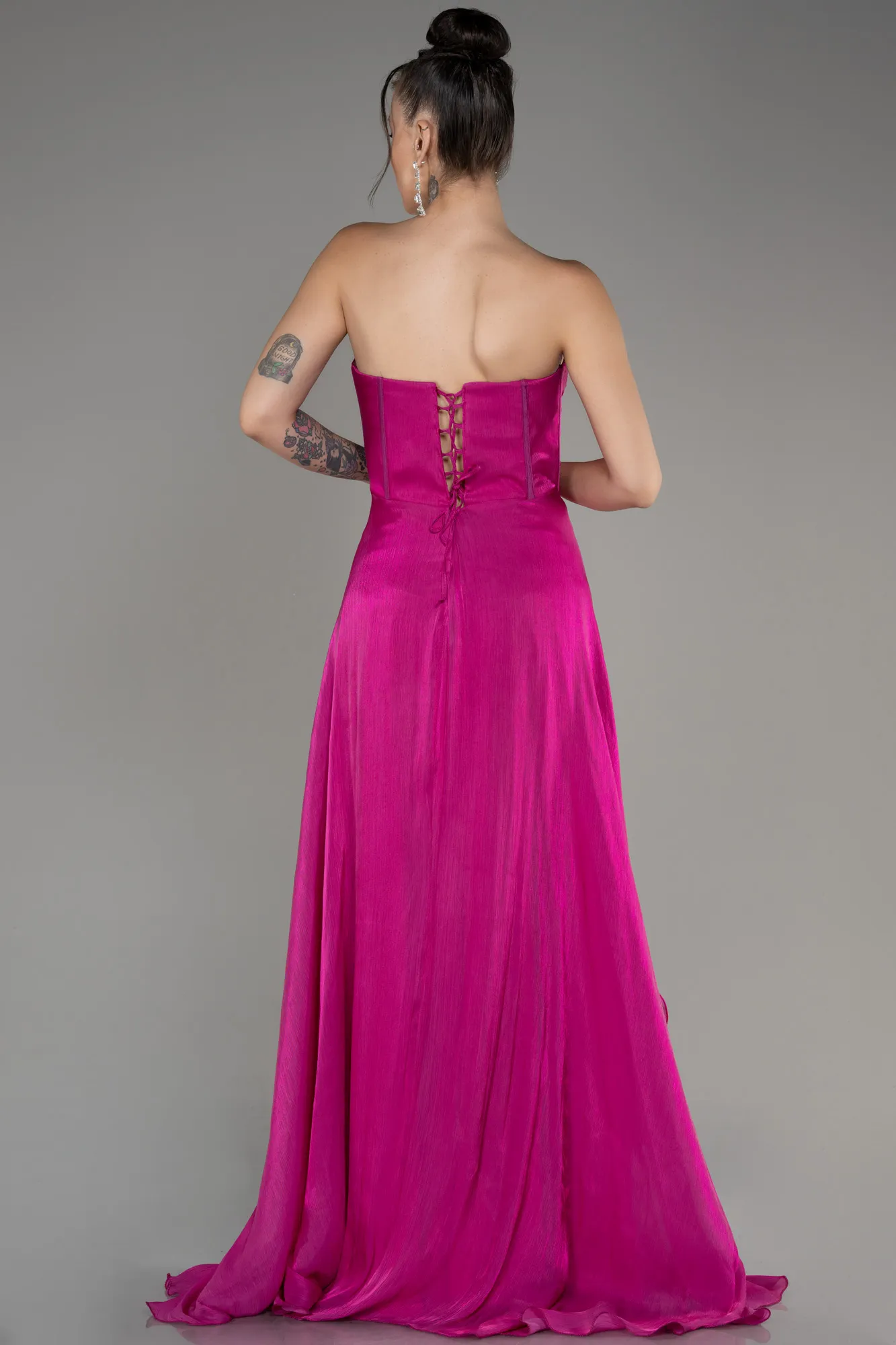 Fuchsia-Strapless Slit Long Chiffon Prom Dress ABU4012