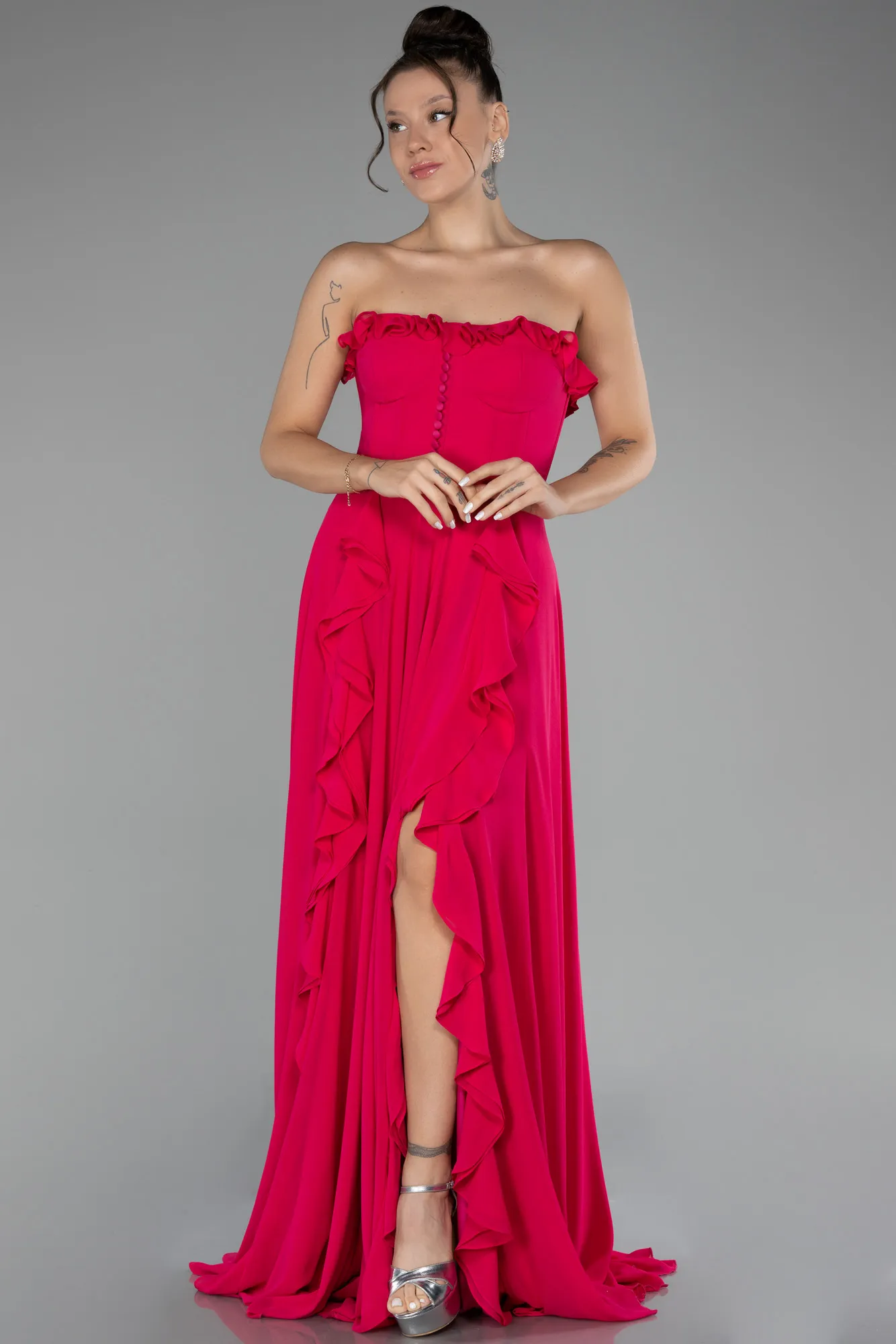 Fuchsia-Strapless Slit Long Chiffon Prom Dress ABU4214