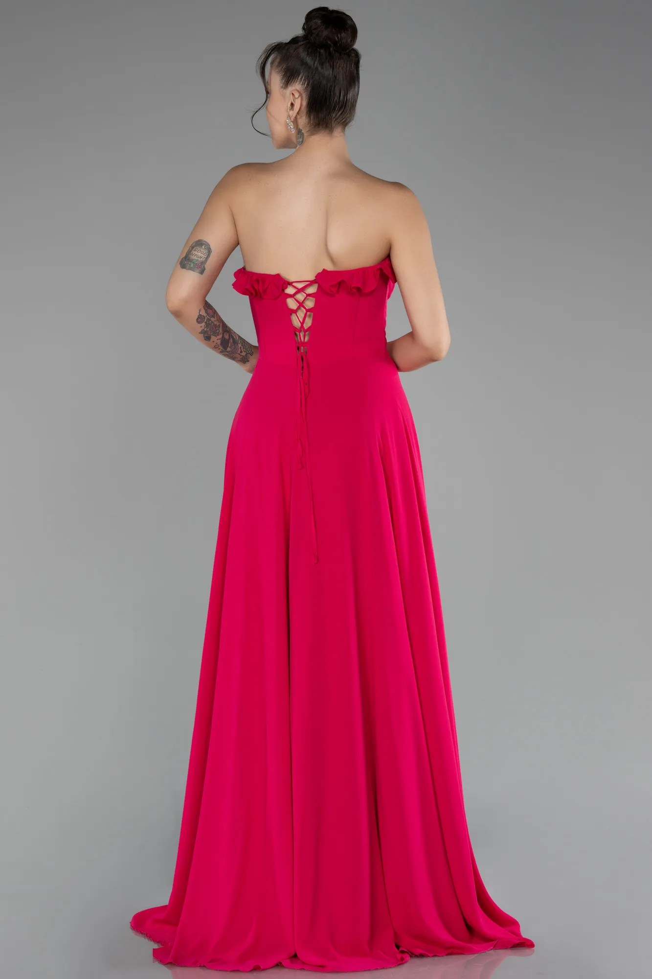 Fuchsia-Strapless Slit Long Chiffon Prom Dress ABU4214