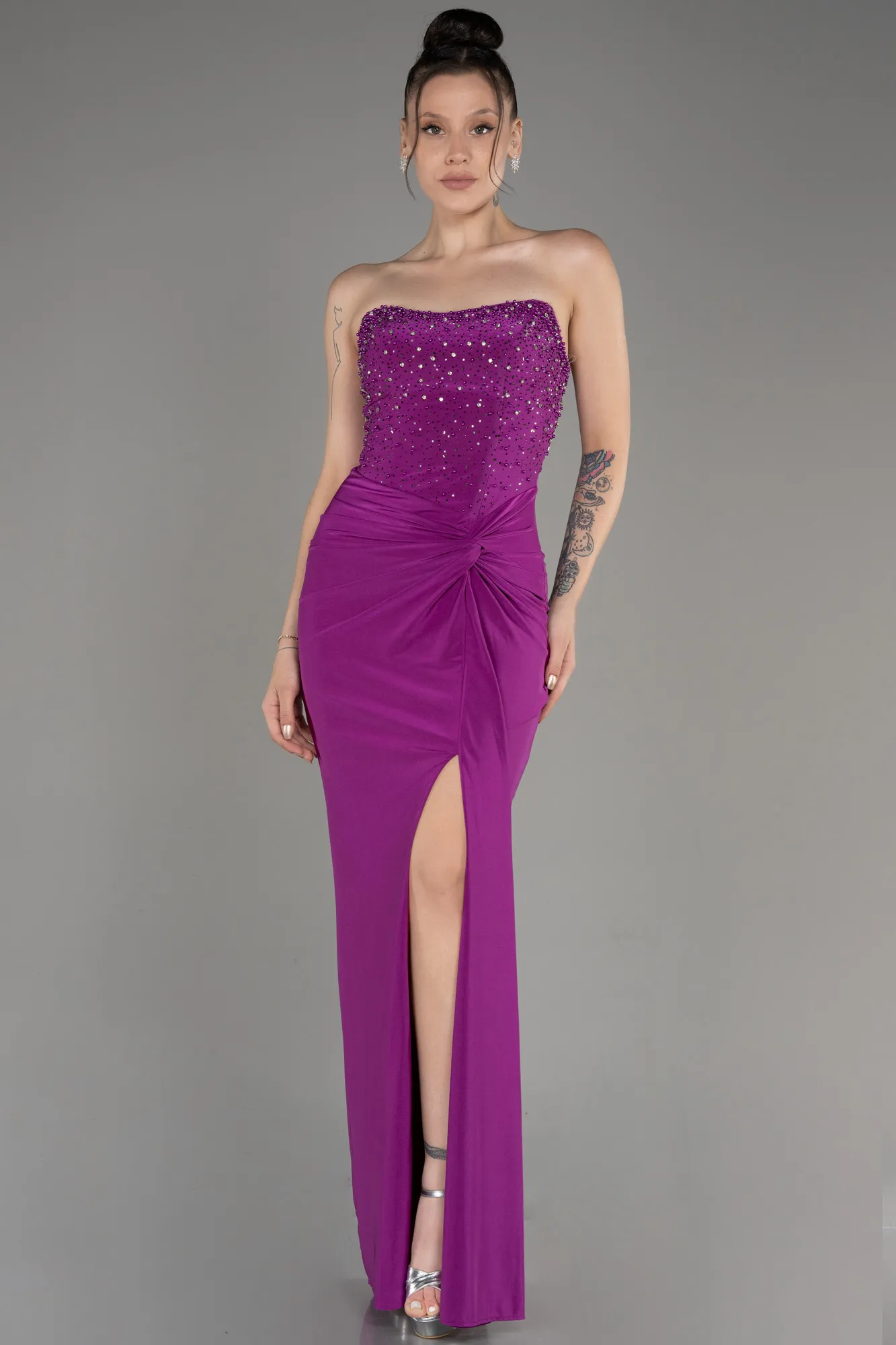 Fuchsia-Strapless Slit Long Evening Dress ABU3977