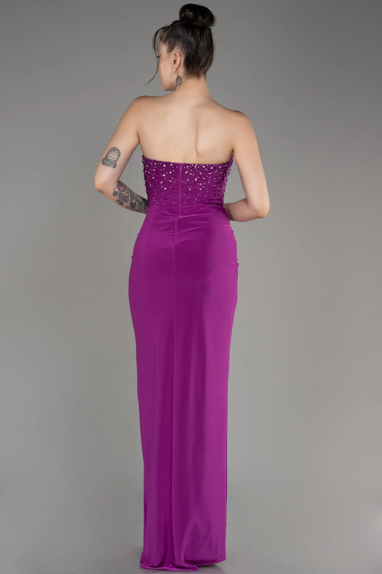 Fuchsia-Strapless Slit Long Evening Dress ABU3977