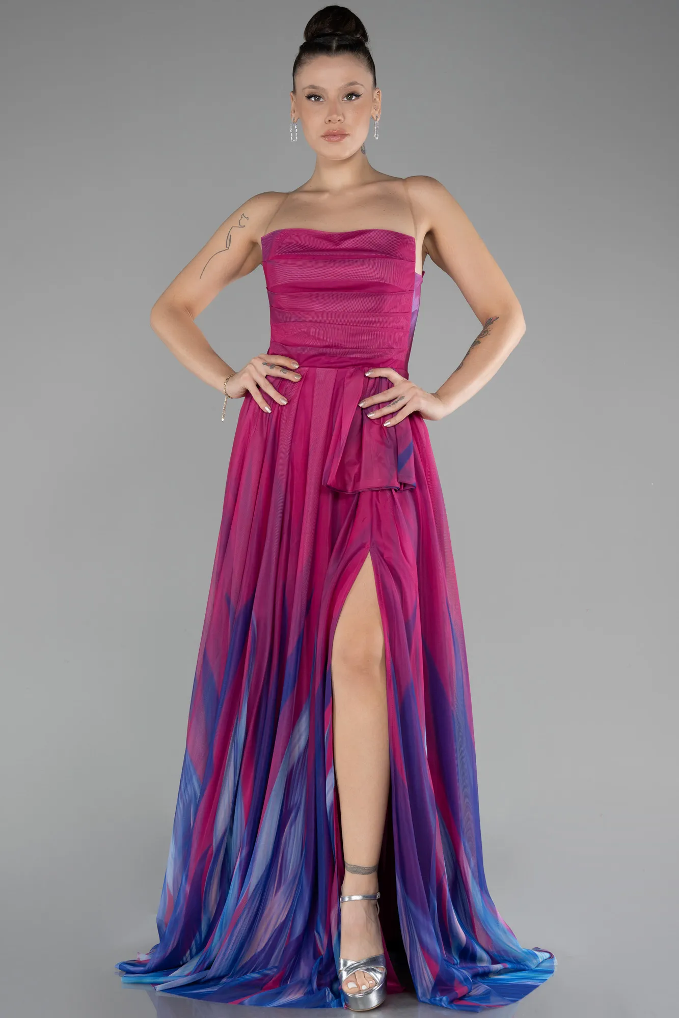 Fuchsia-Strapless Slit Long Patterned Prom Gown ABU4253