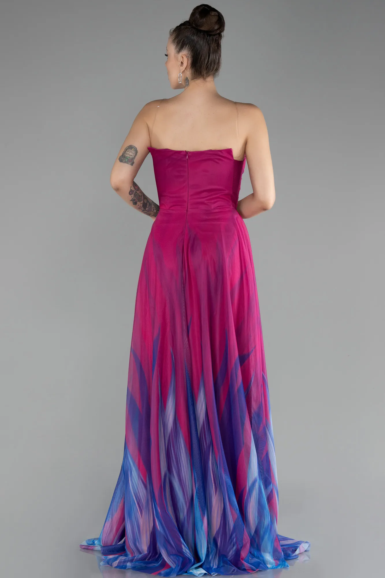 Fuchsia-Strapless Slit Long Patterned Prom Gown ABU4253