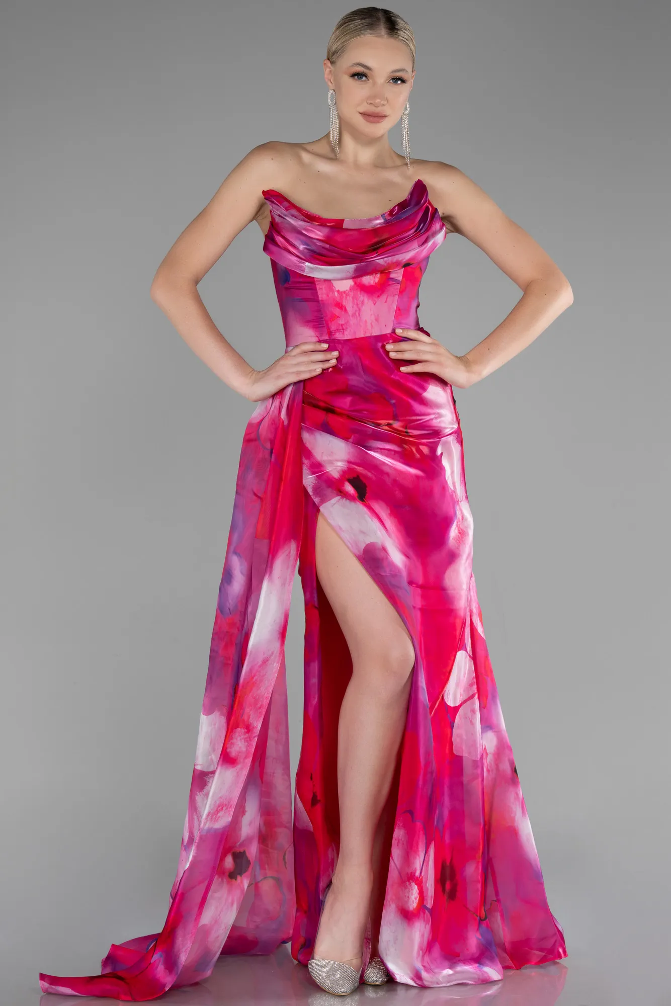 Fuchsia-Strapless Slit Long Printed Satin Prom Dress ABU4169