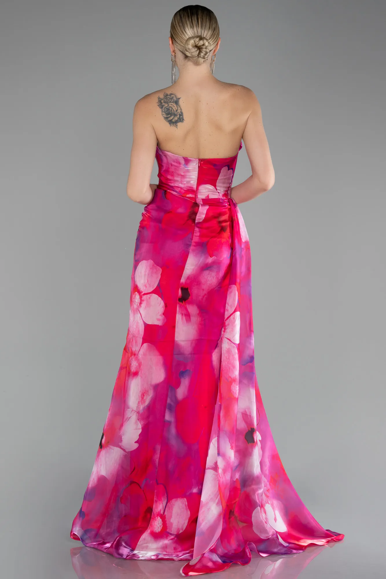 Fuchsia-Strapless Slit Long Printed Satin Prom Dress ABU4169