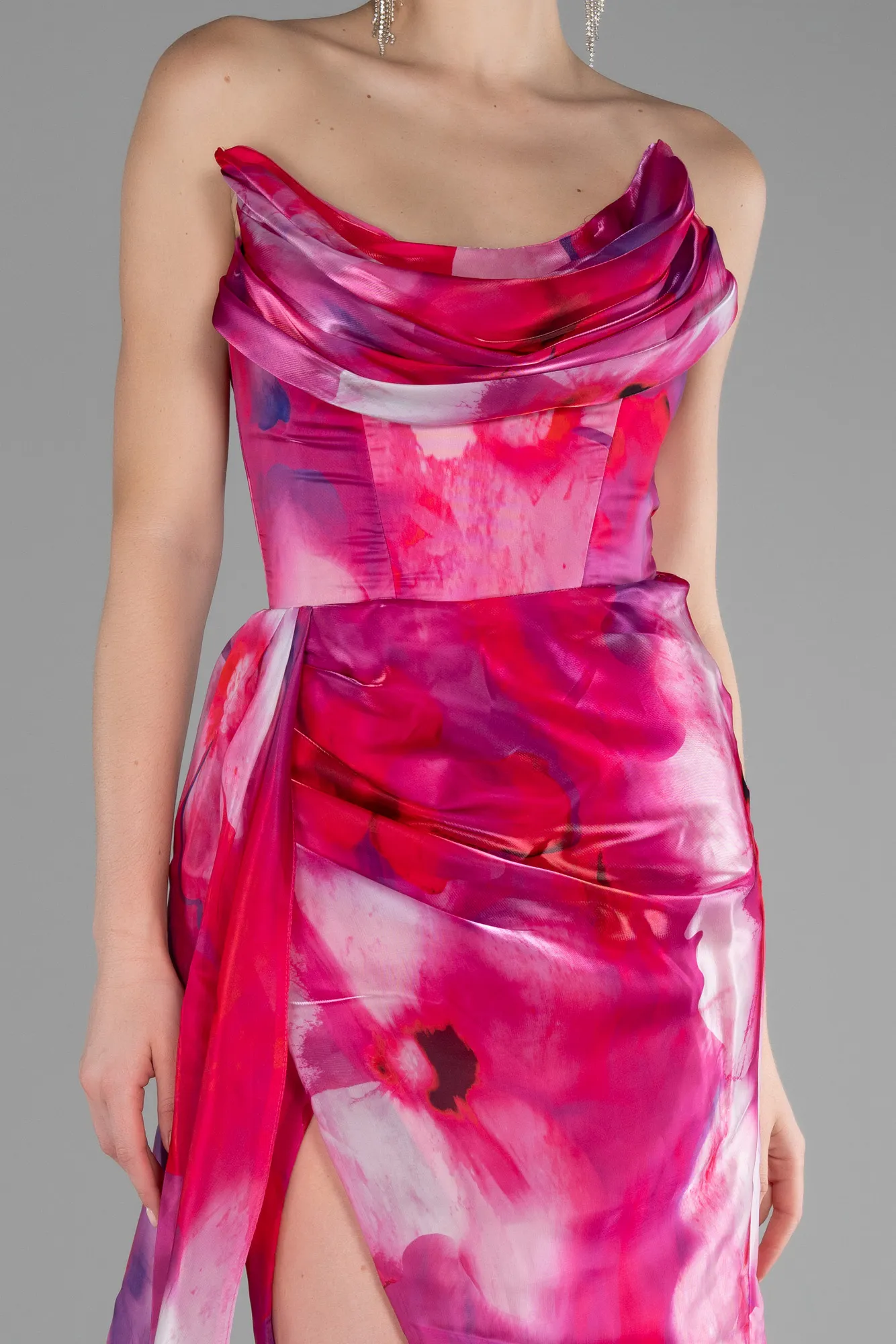 Fuchsia-Strapless Slit Long Printed Satin Prom Dress ABU4169