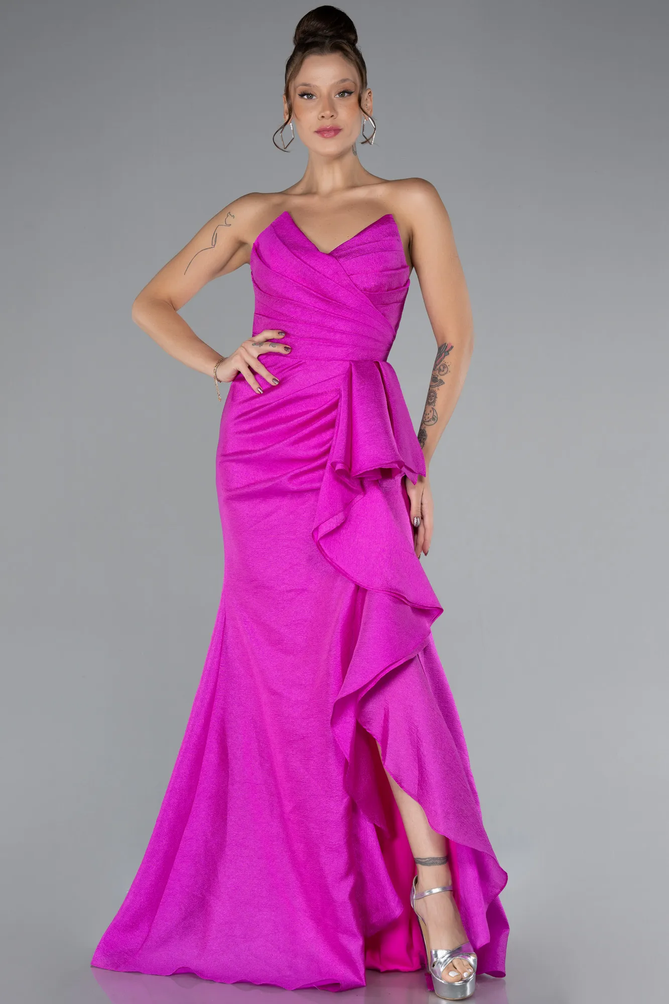 Fuchsia-Strapless Slit Long Prom Gown ABU4247