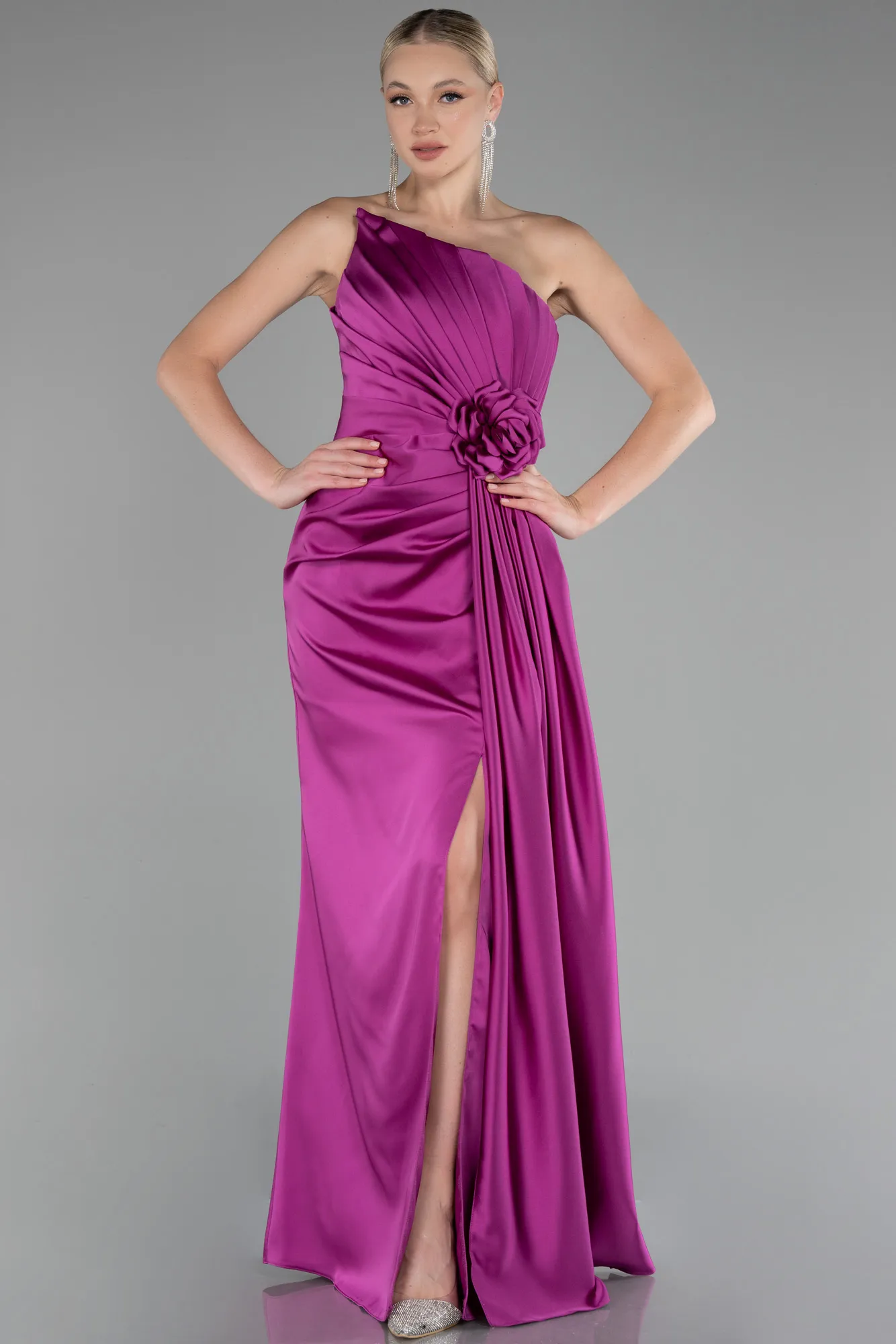 Fuchsia-Strapless Slit Long Satin Evening Dress ABU4174