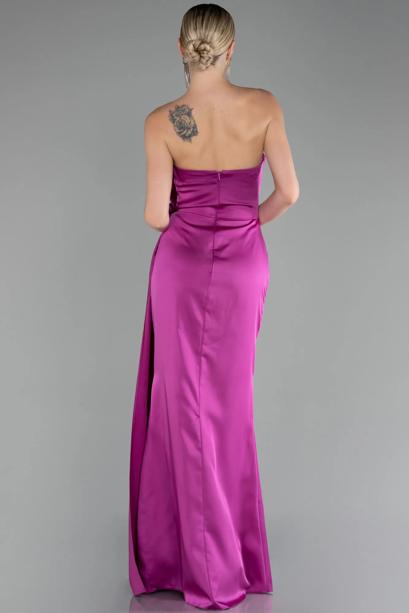 Fuchsia-Strapless Slit Long Satin Evening Dress ABU4174