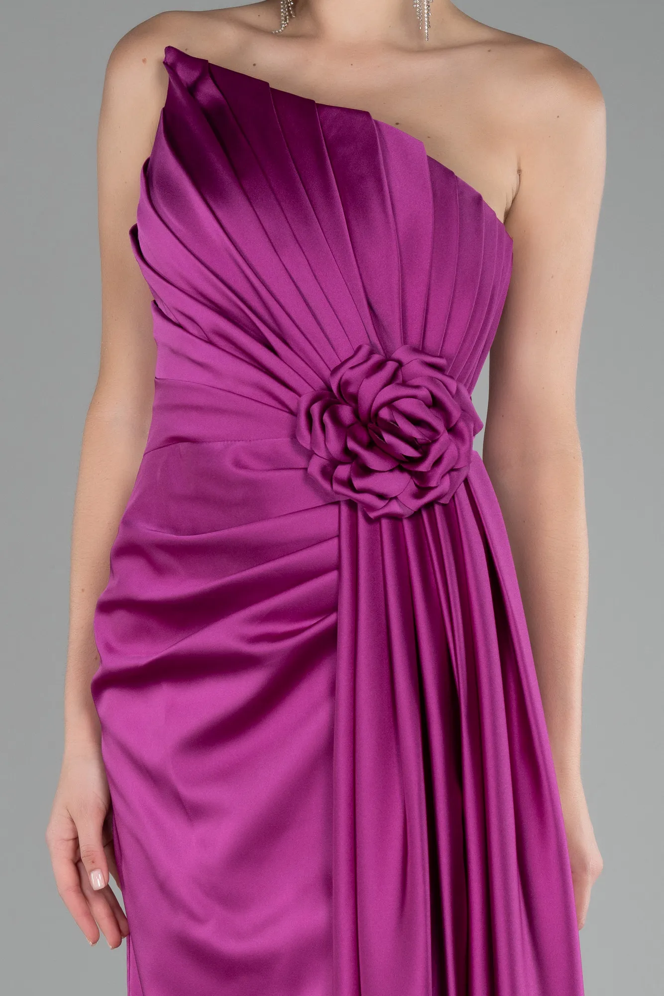 Fuchsia-Strapless Slit Long Satin Evening Dress ABU4174