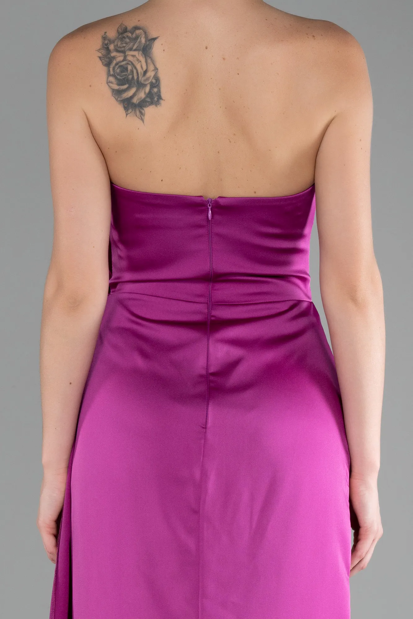 Fuchsia-Strapless Slit Long Satin Evening Dress ABU4174