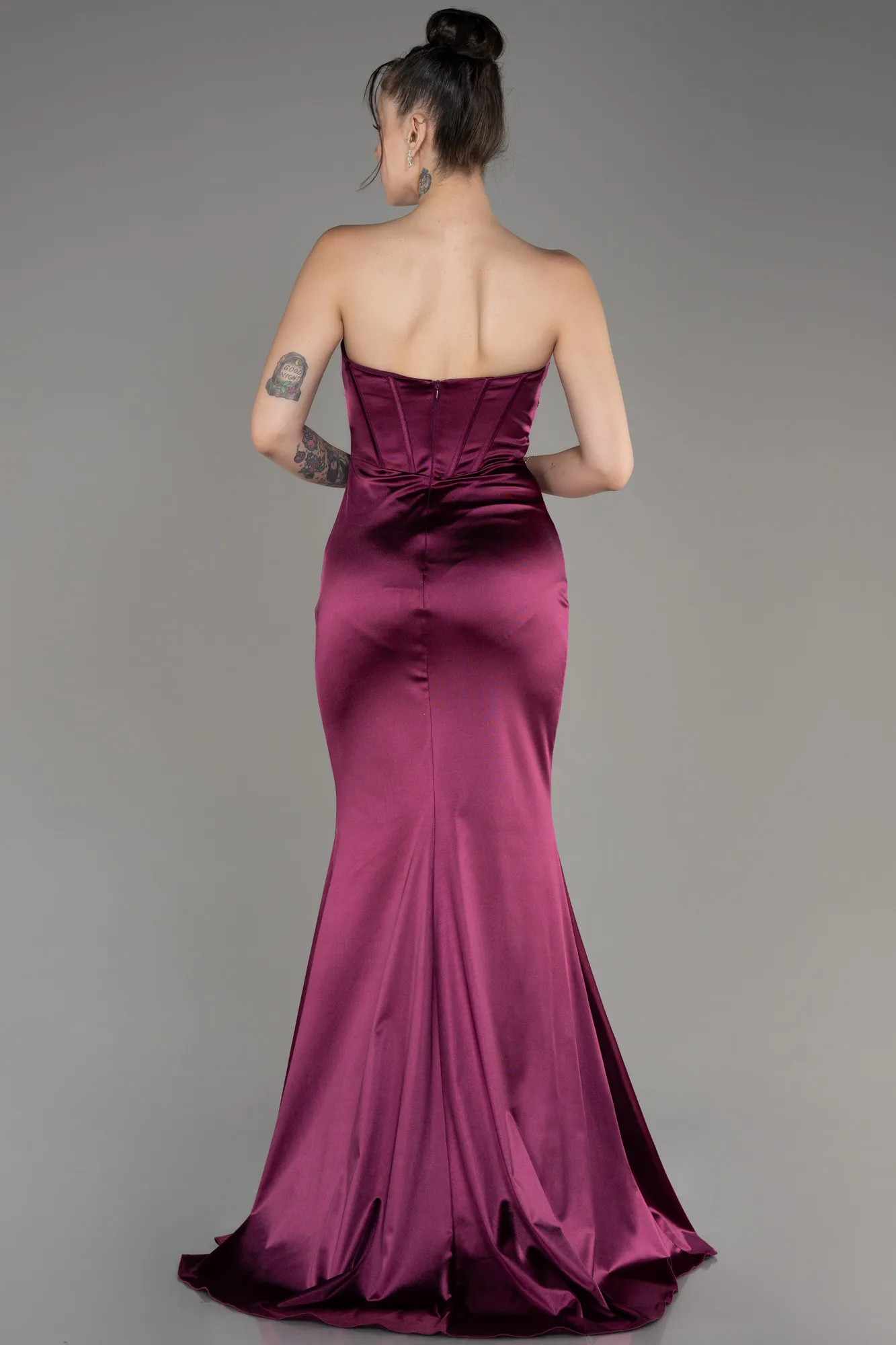 Fuchsia-Strapless Slit Long Satin Prom Dress ABU3979