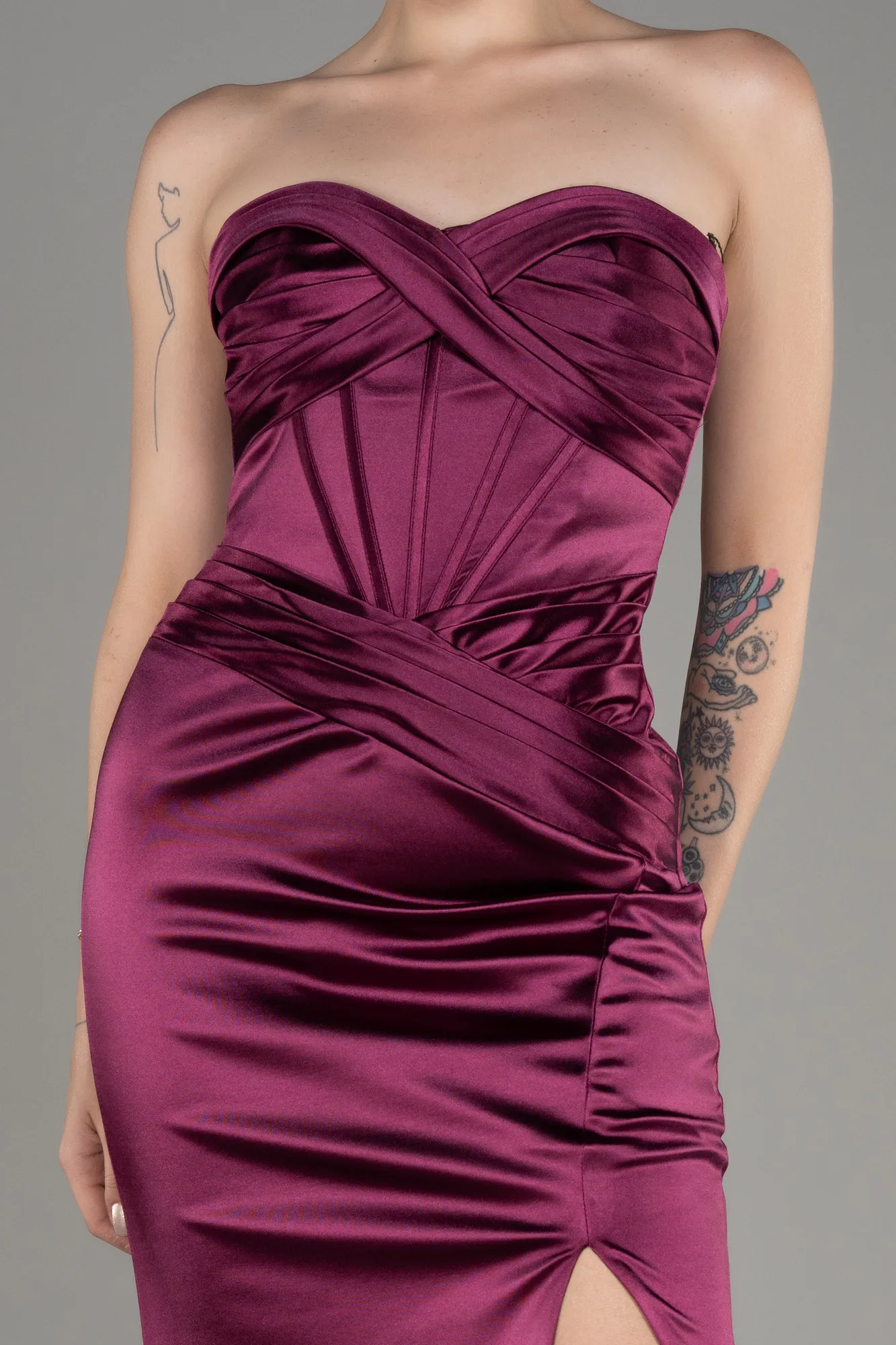 Fuchsia-Strapless Slit Long Satin Prom Dress ABU3979