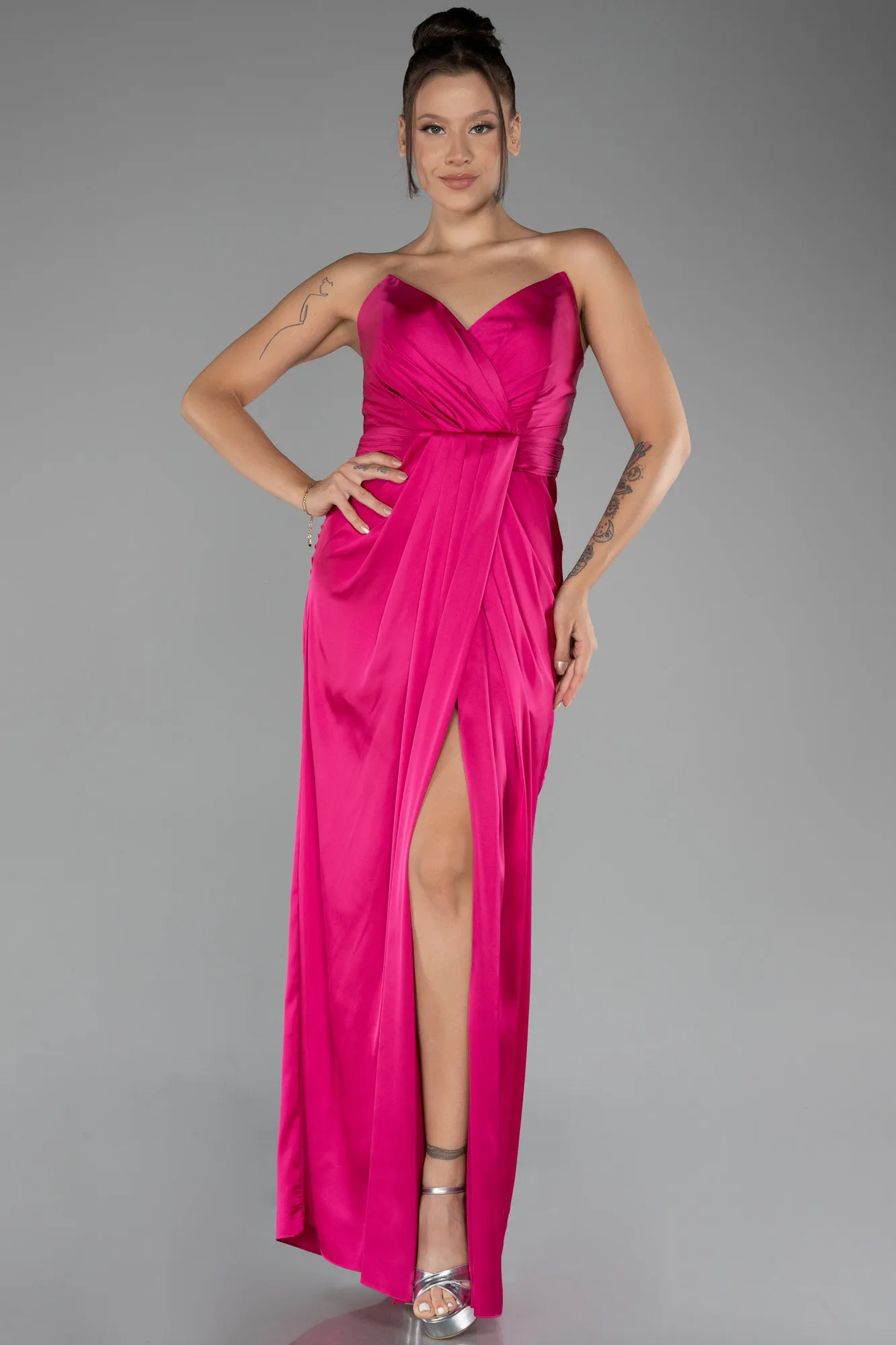 Fuchsia-Strapless Slit Long Satin Prom Gown ABU4071