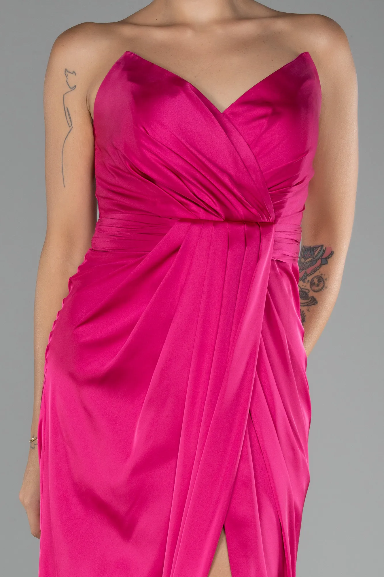 Fuchsia-Strapless Slit Long Satin Prom Gown ABU4071