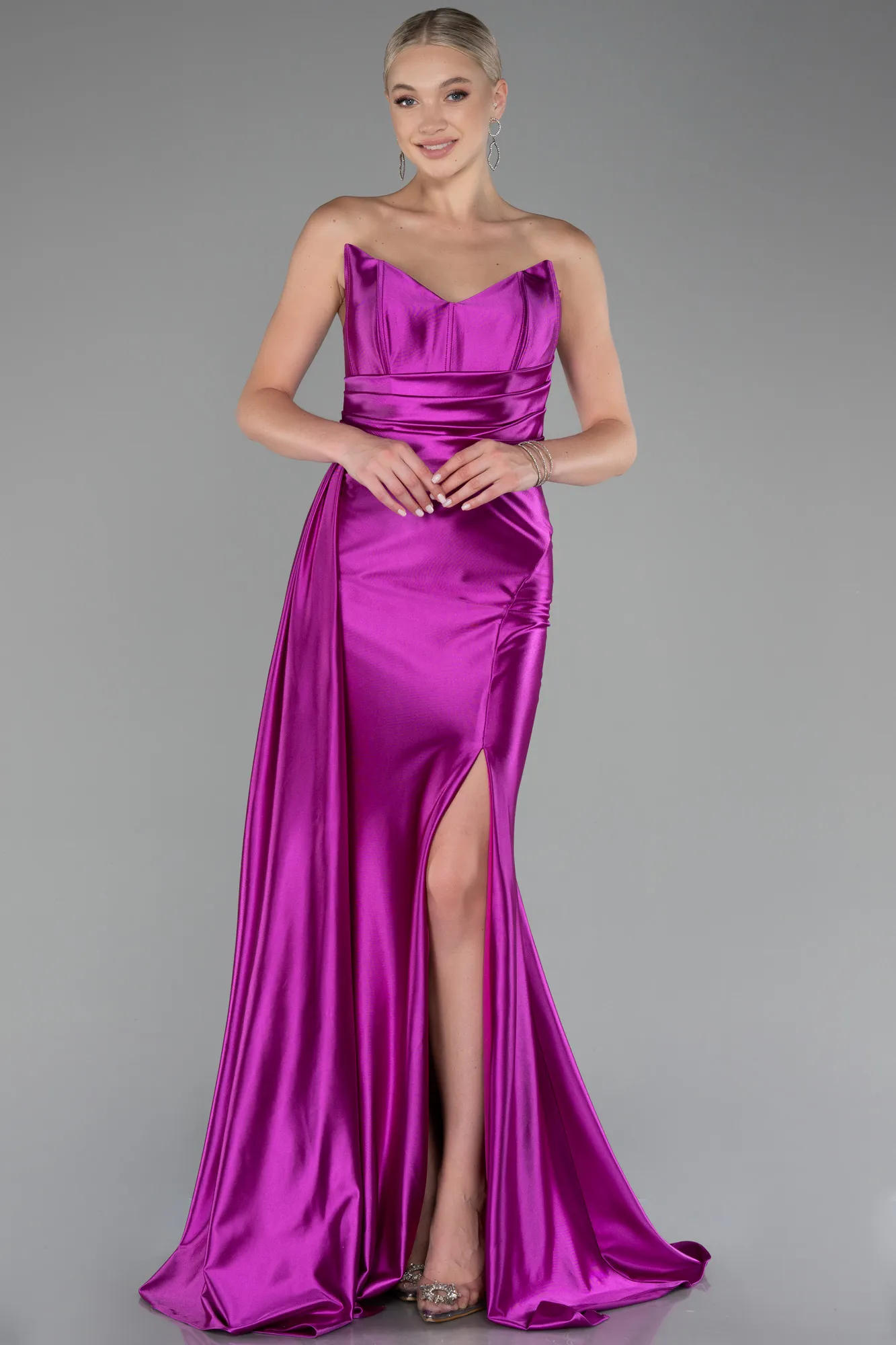 Fuchsia-Strapless Slit Long Satin Prom Gown ABU4072