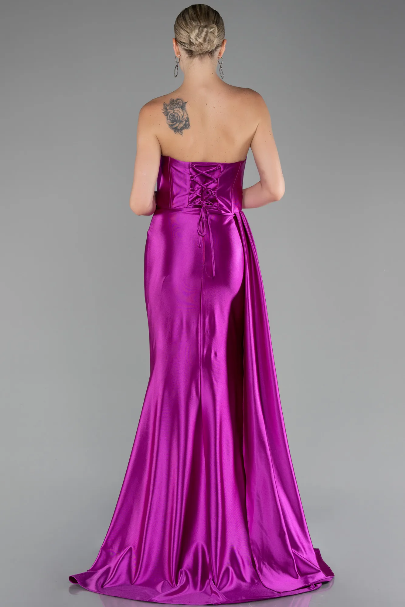 Fuchsia-Strapless Slit Long Satin Prom Gown ABU4072