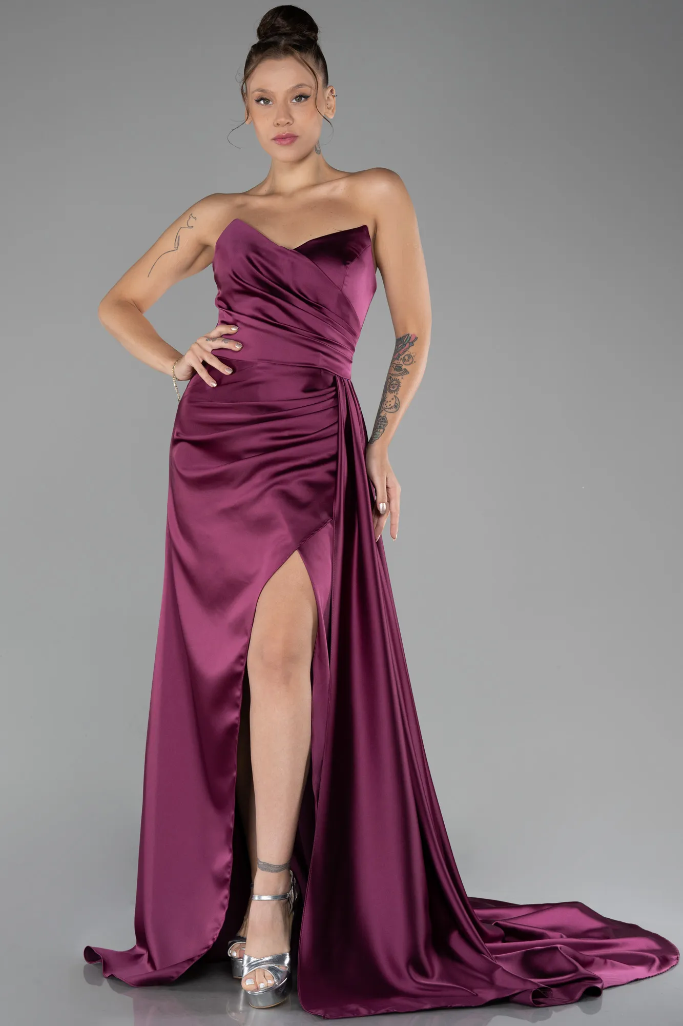 Fuchsia-Strapless Slit Long Satin Prom Gown ABU4093